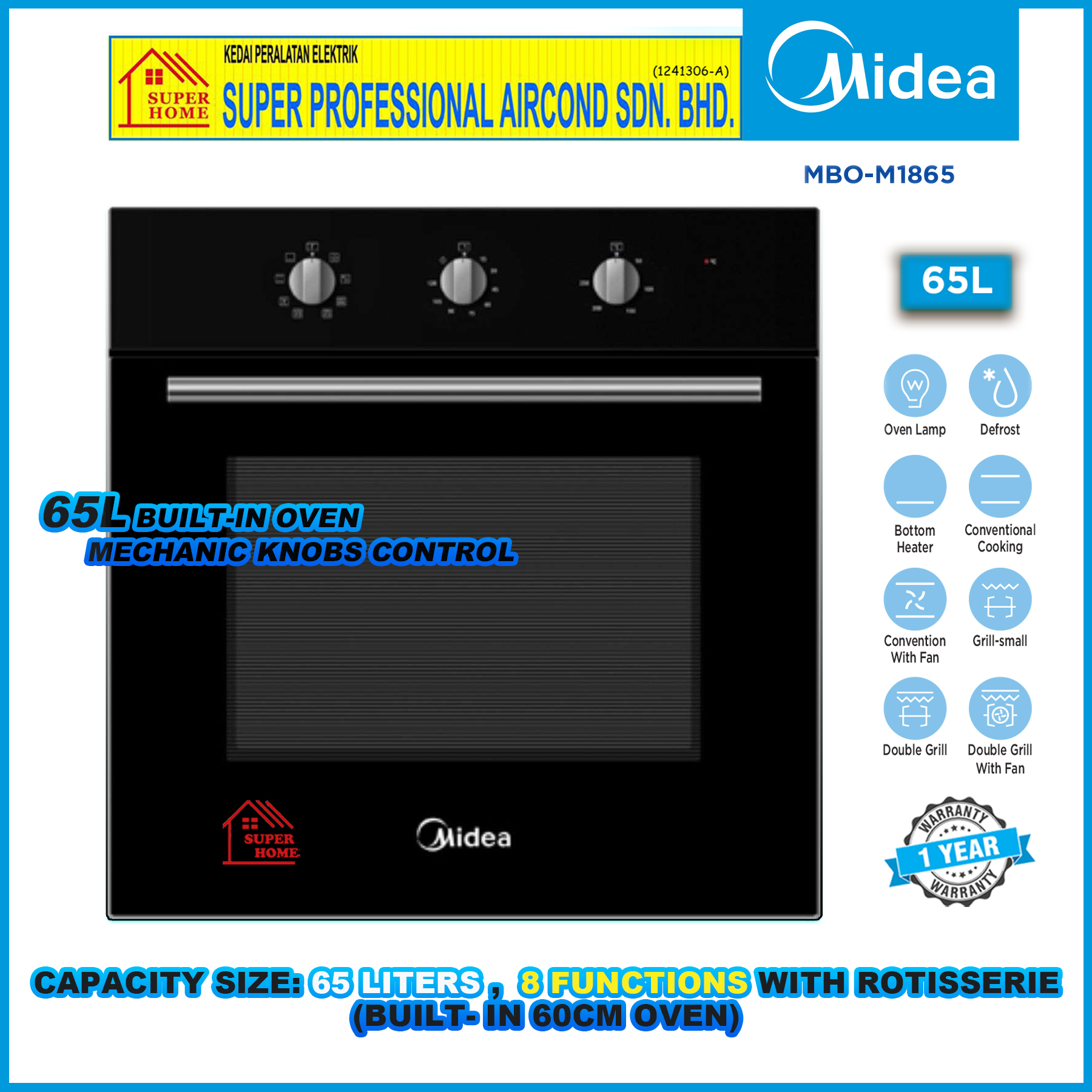 Midea Hood MCH-90J52 90cm Angle Cooker Hood / Midea Built-in Glass Hob MGH-76Q60B / Midea Build-in O