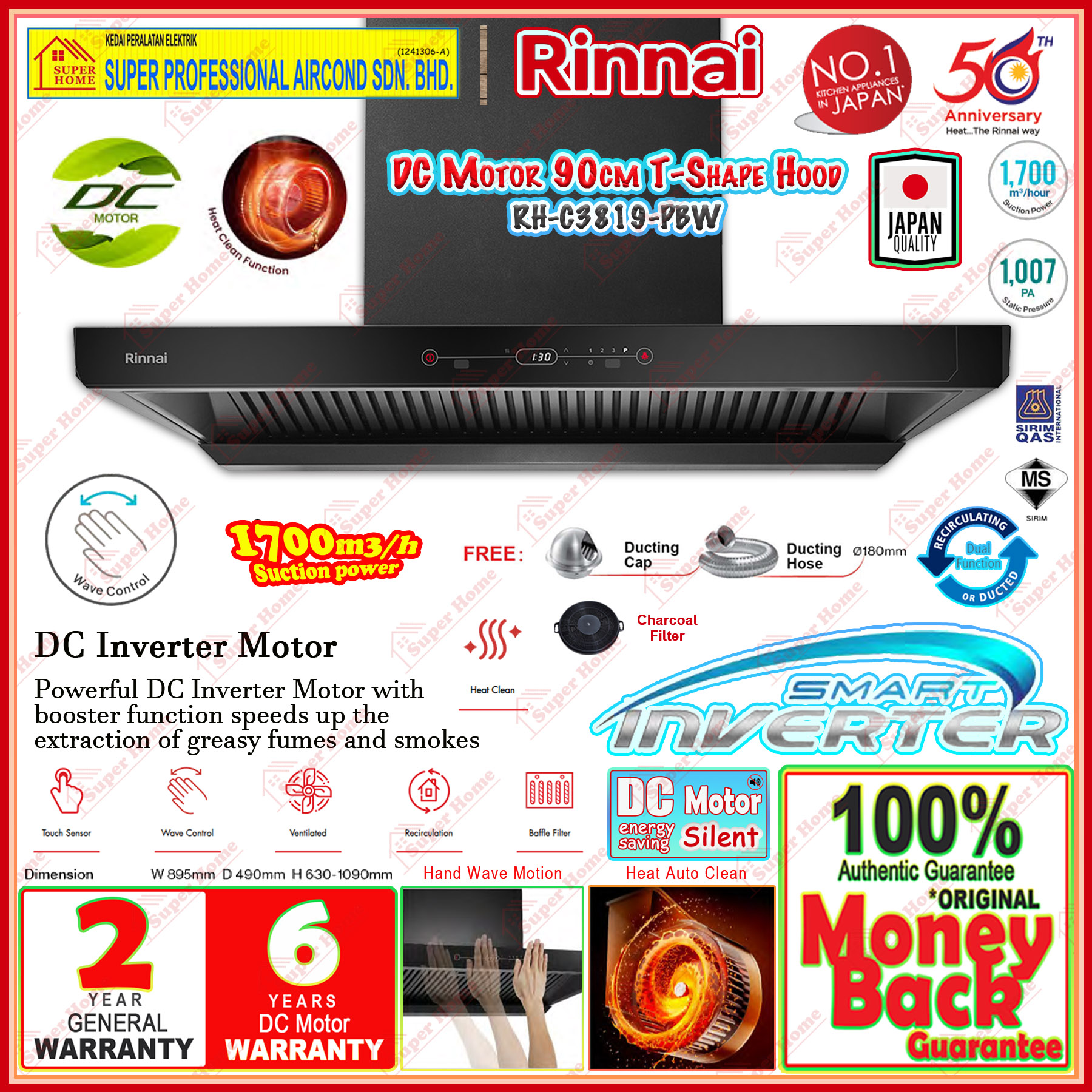 Rinnai Chimney Hood RH-C3819-PBW / Rinnai Gas Hob RB-982G 88cm (4.5kW) / Rinnai Built-In Oven RO-E62