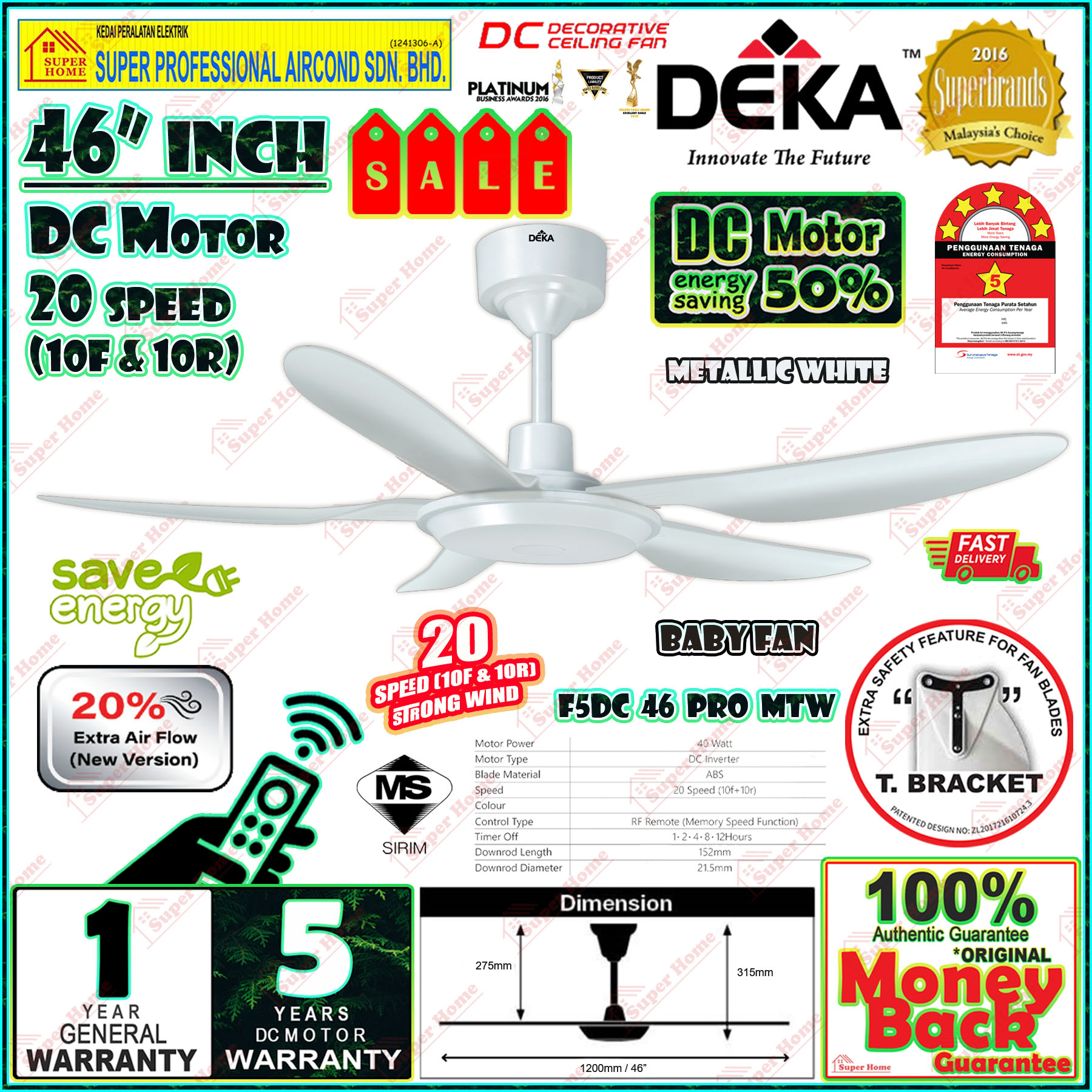 Deka Baby Fan F5DC 46 PRO MB 46 inch Remote Control DC Motor Ceiling Fan 5 Blades Matt Black