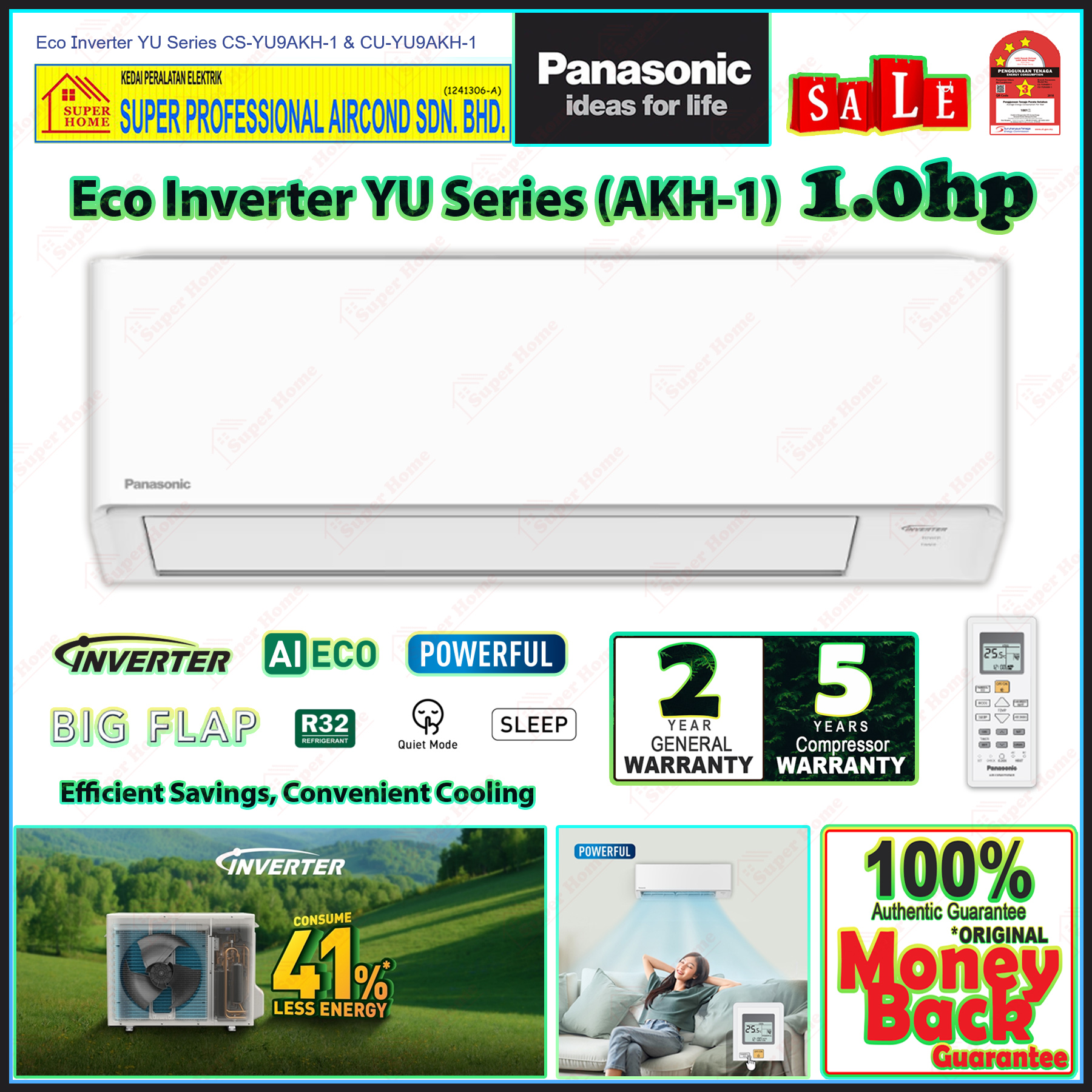 Panasonic 1.0hp Eco Inverter Air Conditioner CS-YU9AKH-1 & CU-YU9AKH-1 R32 Inverter Air Conditioner