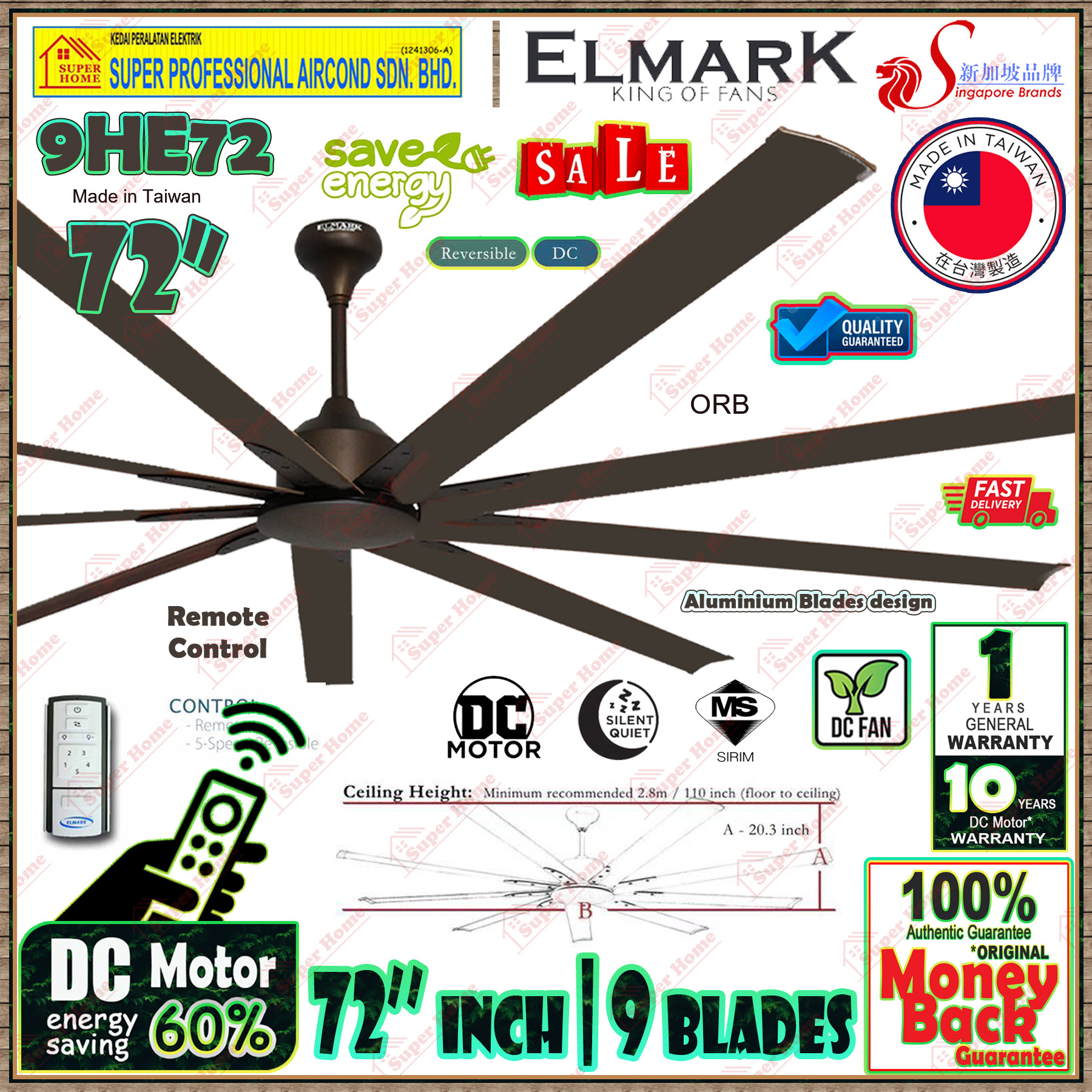 Elmark DC Fan 9HE72 Walnut ORB 72 inch Remote Control Ceiling Fan 5-Speed (Silent DC Motor) 9-Alumin