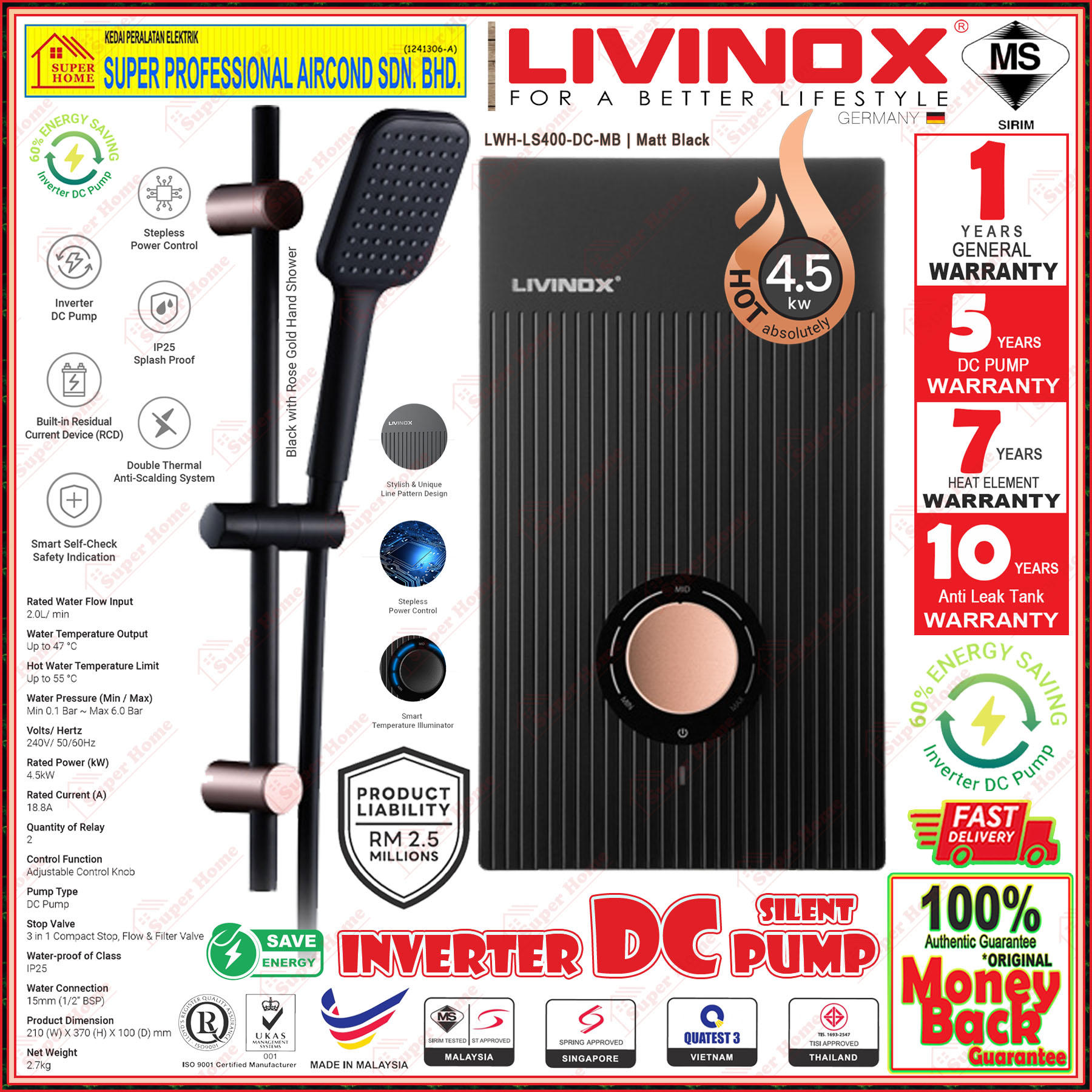 Livinox DC Pump Water Heater LWH-LS400-DC-MB DC Inverter Silent Pump Instant Water Heater Matt Black