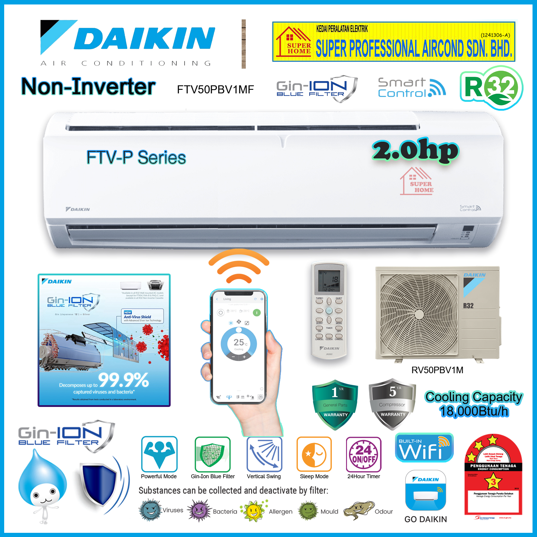 Daikin 2.0hp Non Inverter Air Conditioner FTV50PB & RV50PBV1M ((WiFi)) R32 Standard Non-Inverter Air