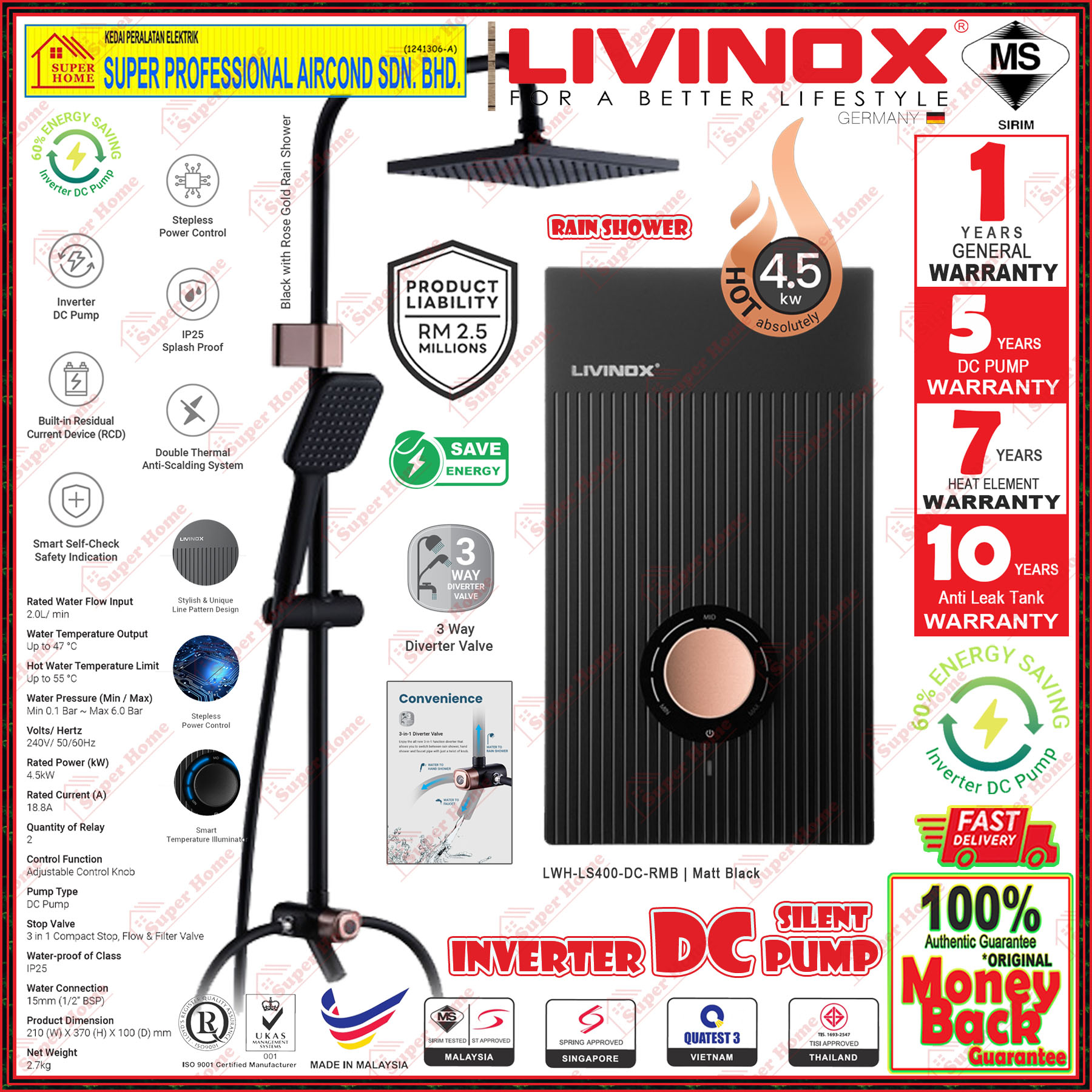 Livinox Water Heater LWH-LS400-DC-RMB DC Inverter Pump Instant Water Heater (Rain Shower) Matt Black