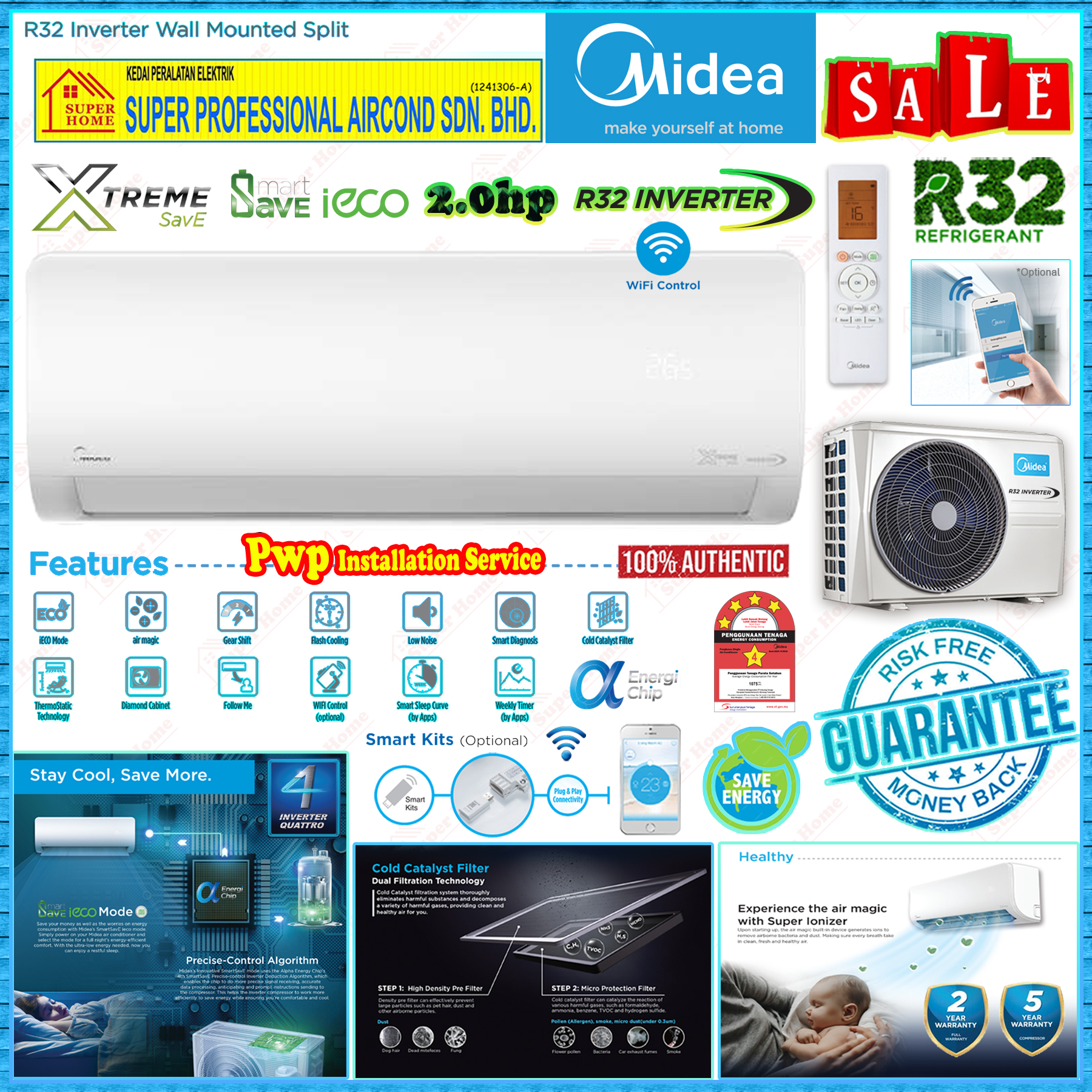 Midea 2.0hp Inverter Air Conditioner MSXS-19CRDN8 ((Xtreme SavE)) R32 Inverter Air Conditioner ((Air