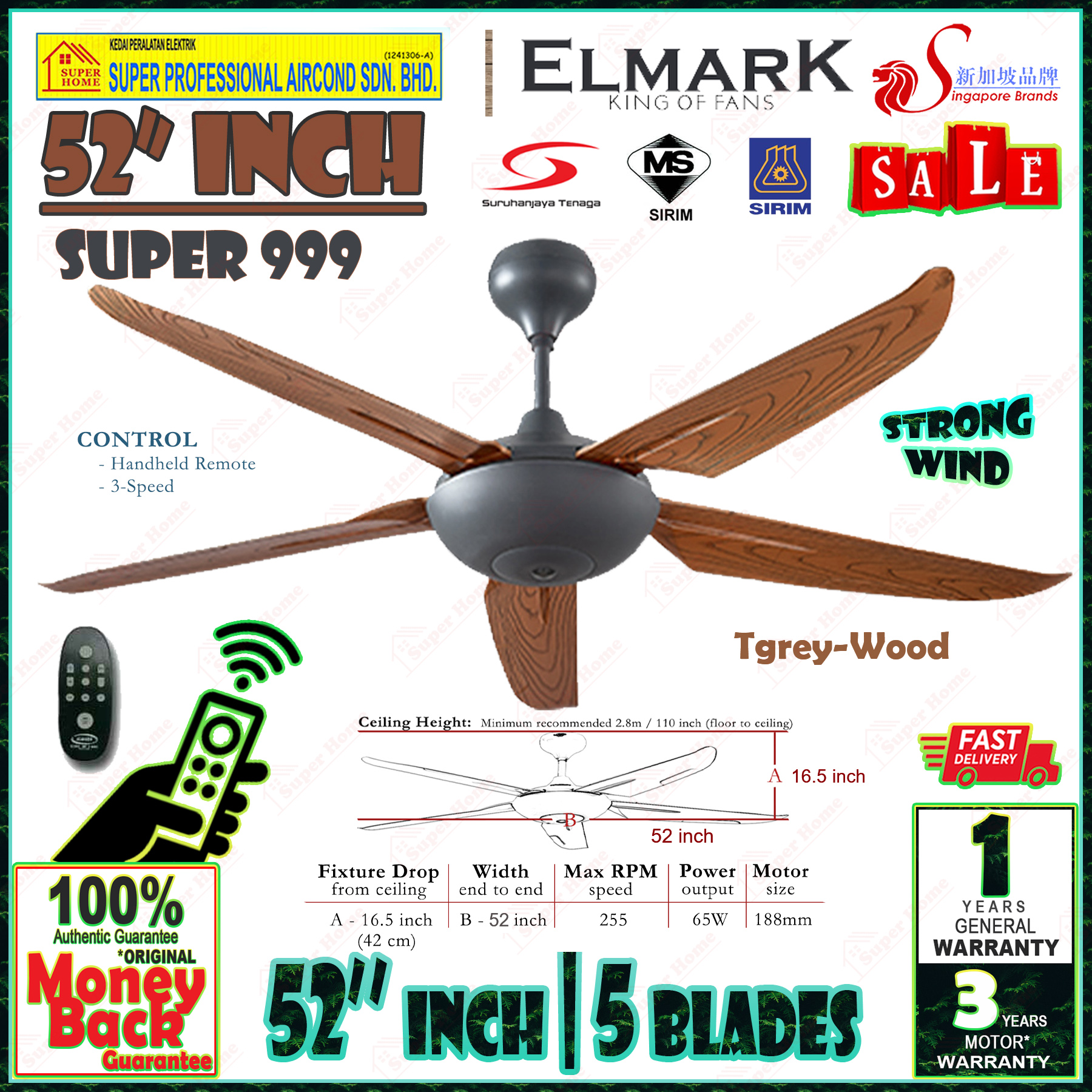 Elmark Ceiling Fan Super999 52 inches Remote Control 5 Blade Ceiling Fan AB