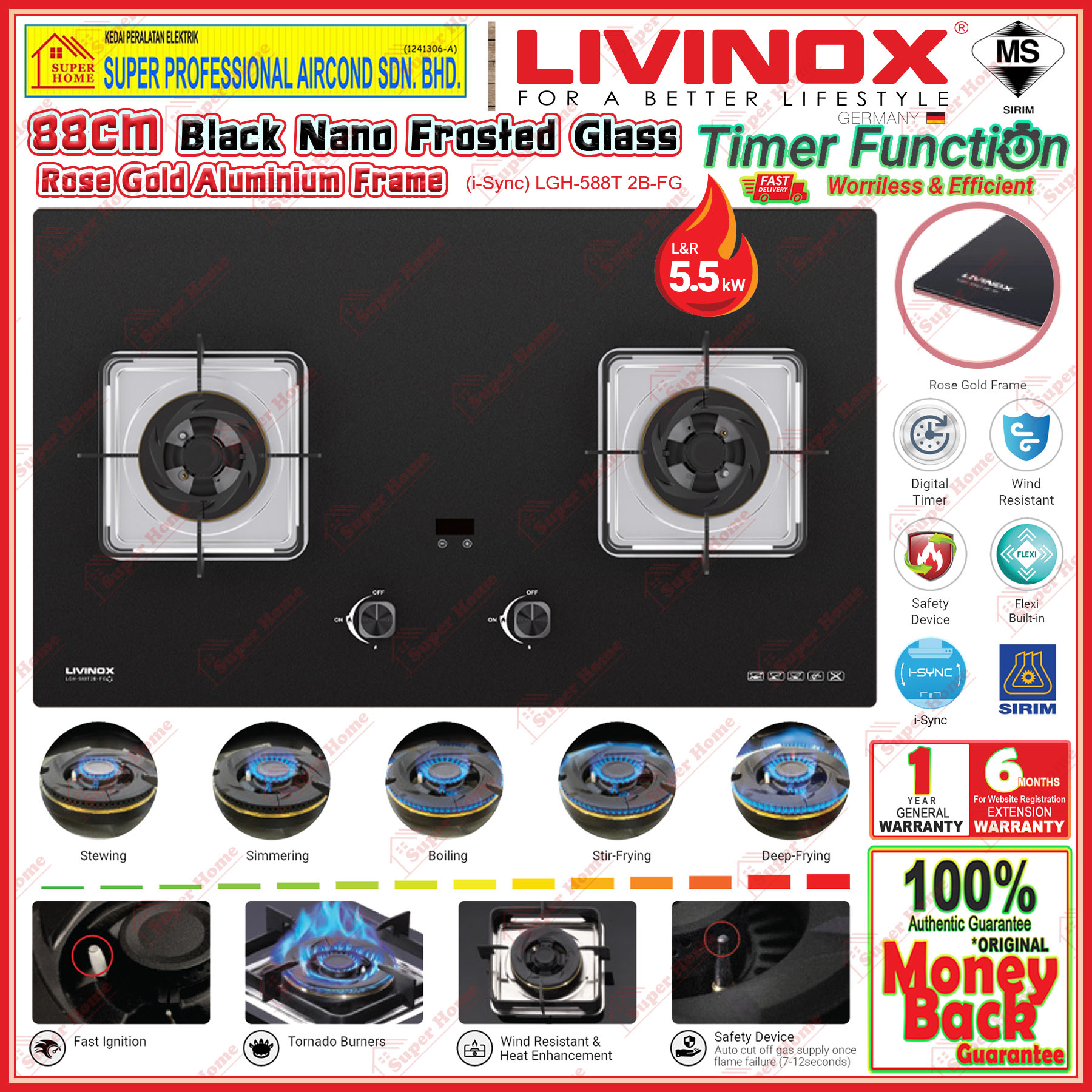Livinox Built-in Hob LGH-588T 2B-FG 5.5kW 2 Burner With Timer (Flexi Hob) 8mm Black Nano Frosted Gla