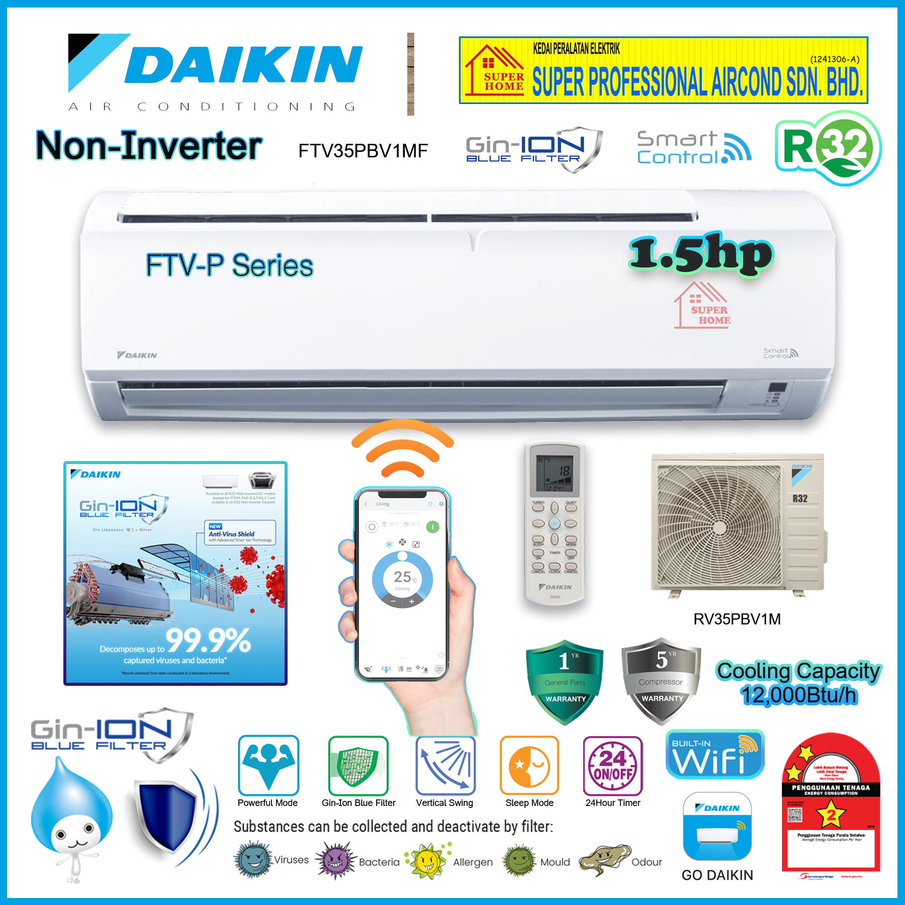 Daikin R32 Non Inverter Aircond FTV35PBV1MF & RV35PBV1M ((1.5hp)) R32 Standard Non-Inverter Air Cond