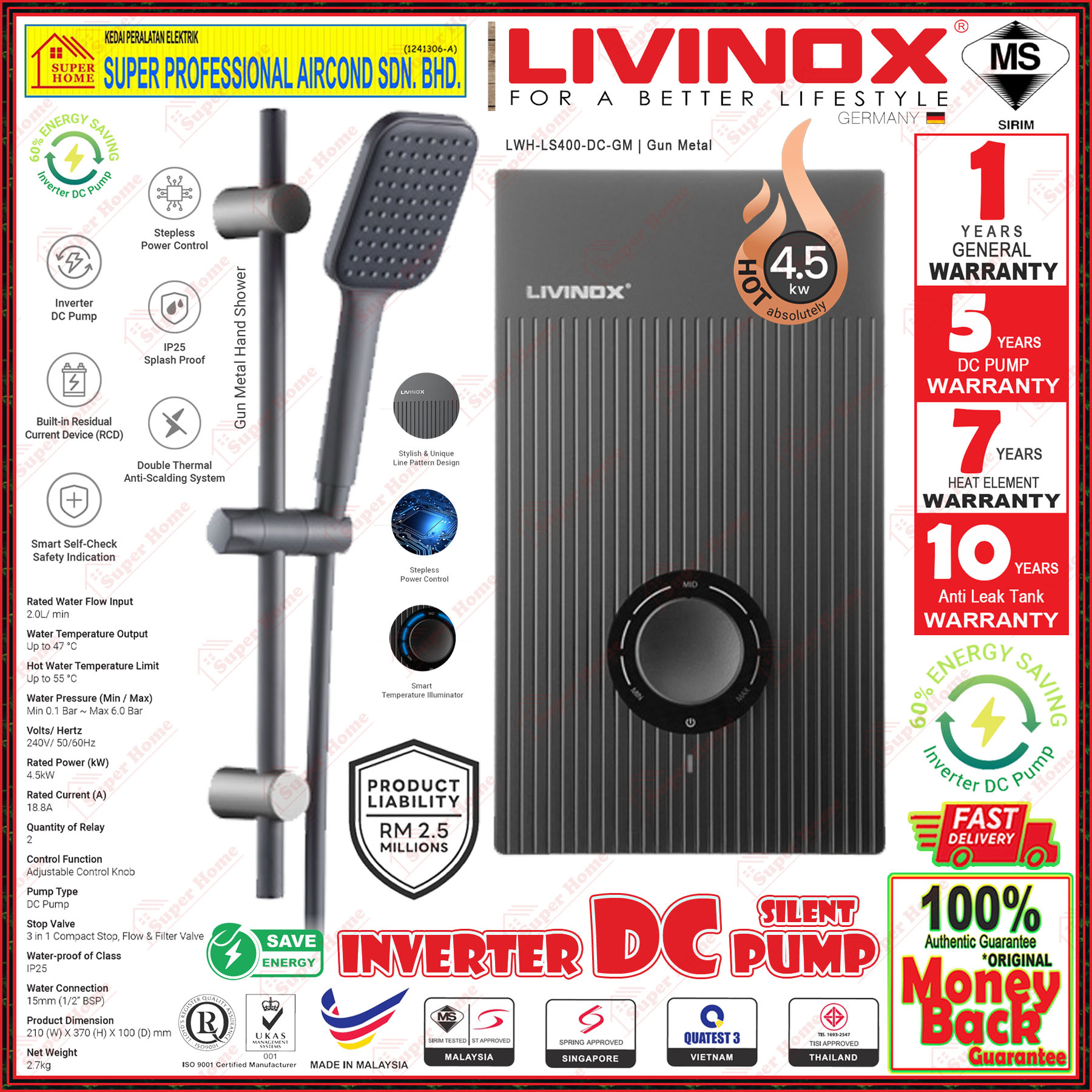 Livinox DC Pump Water Heater LWH-LS400-DC-GM DC Inverter Silent Pump Instant Water Heater Gun Metal