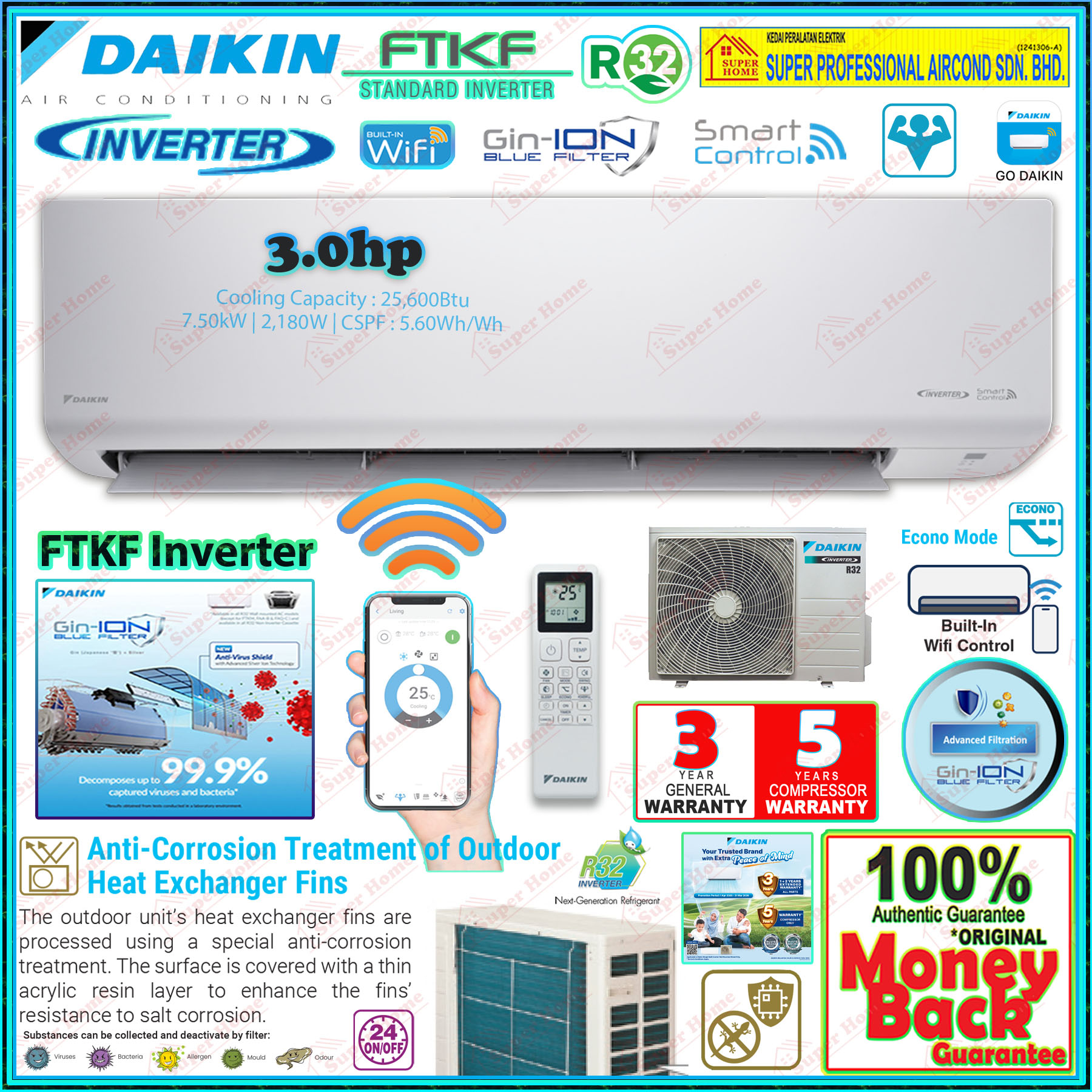 Daikin 3.0hp Inverter Air Conditioner FTKF75CV1MF & RKF75CV1M ((WiFi)) R32 Standard Inverter Aircond