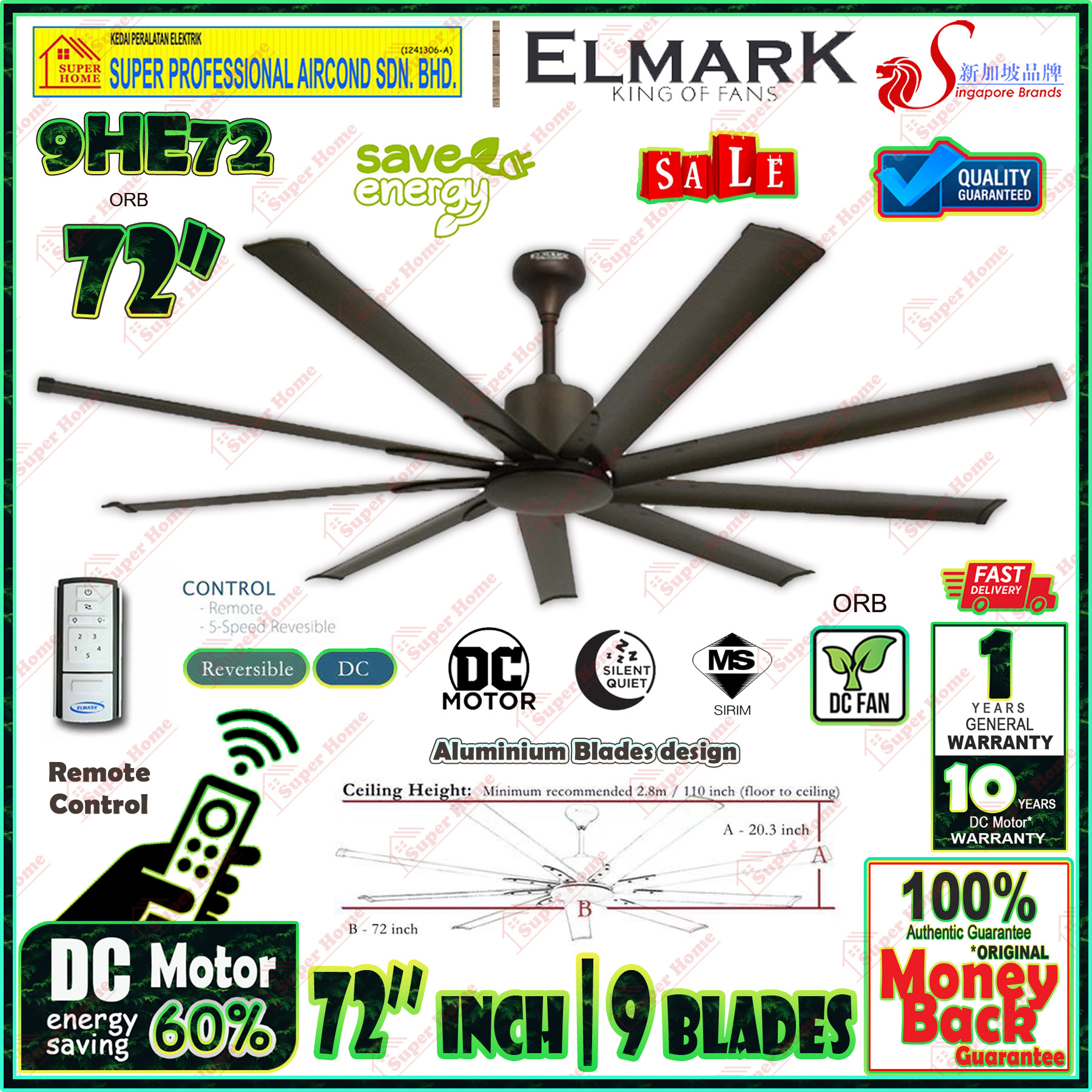 Elmark 72 inch Ceiling Fan 9HE72 ORB (Silent DC Motor) 9-Aluminium blades Remote Control DC Fan