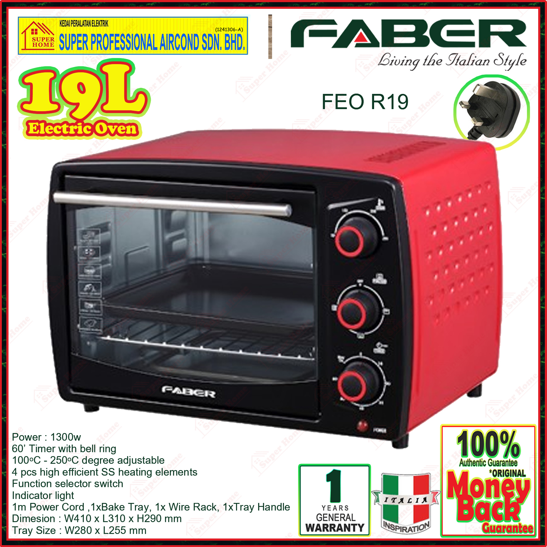 Faber FEO R19 Oven Elektrik 19L Merah & Hitam