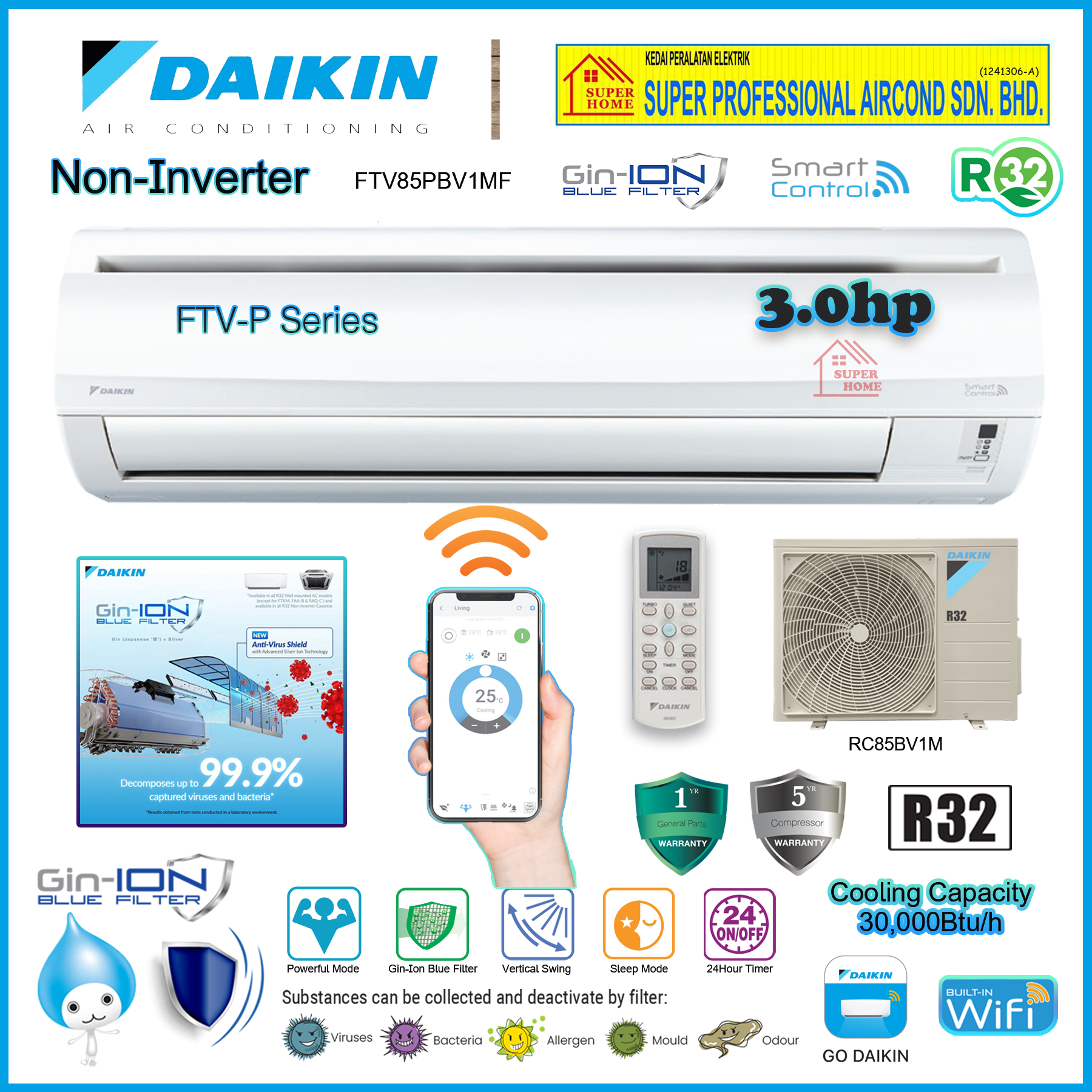 Daikin 3.0hp Non Inverter Air Conditioner FTV85PB & RC85BV1M ((WiFi)) R32 Standard Non-Inverter Air