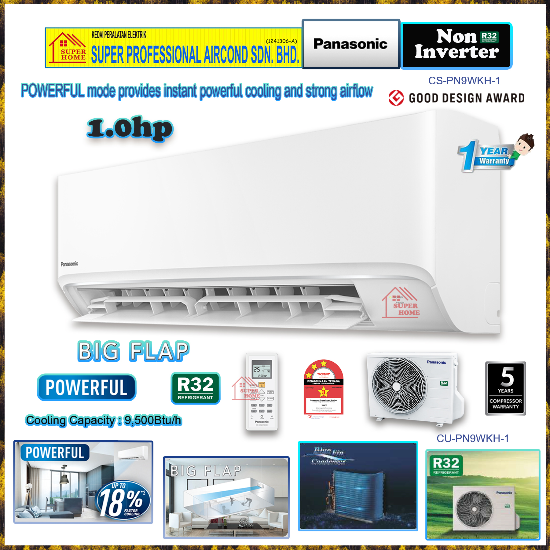 Panasonic R32 Standard Non-Inverter Air Conditioner 1.0hp - 3.0hp | CS-PN9WKH-1(1.0hp) | CS-PN12WKH-