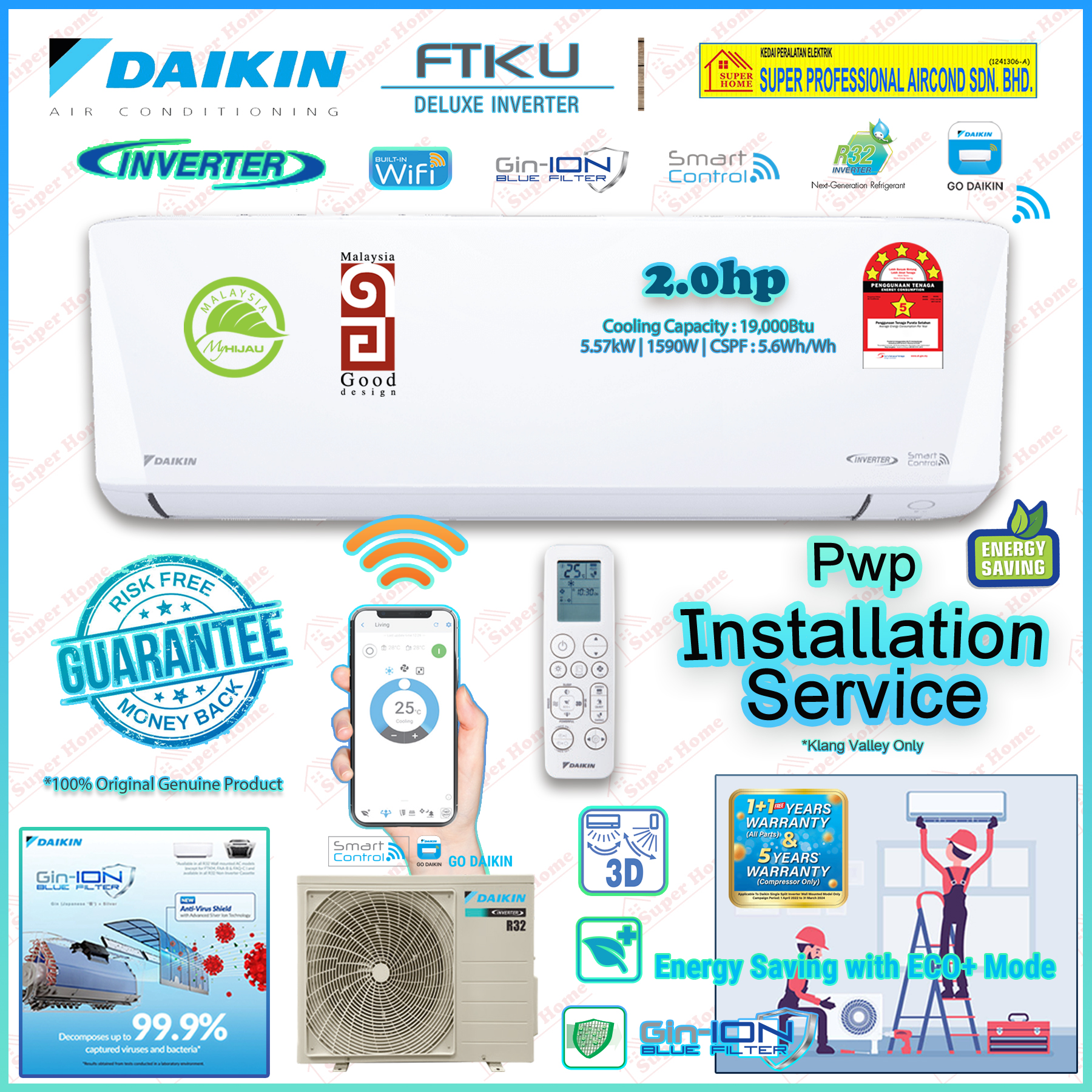 Program NUR (E-Rebate RM200) Daikin Deluxe Inverter Air conditioner 1.0hp - 3.0hp FTKU Series (R32)