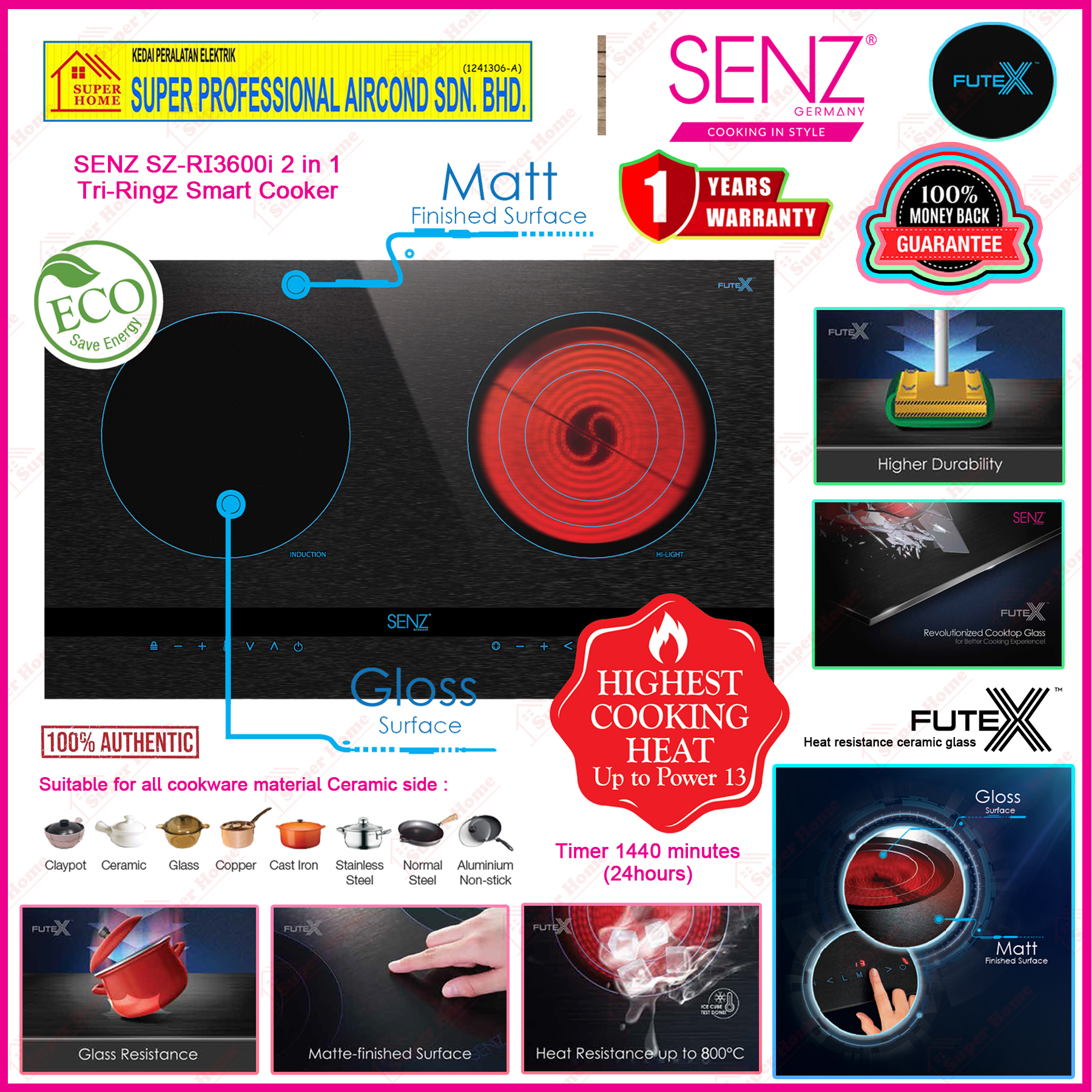 Senz Electric Hob SZ-RI3600i ((Free Standing or Built-in)) 2 in 1 Tri-Ringz Smart Cooker (Induction 