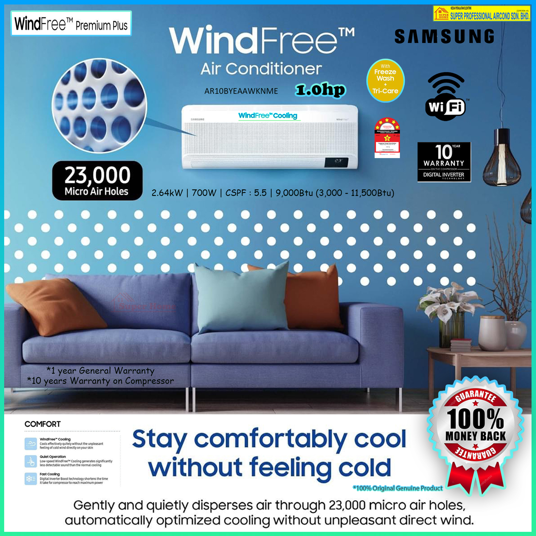 Samsung Windfree Air conditioner ((True Comfort WindFree)) 1.0hp - 2.5hp Smart Control Wifi ((5 Star