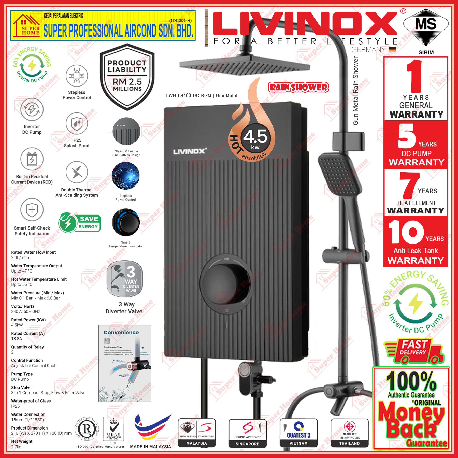 Livinox Water Heater LWH-LS400-DC-RGM DC Inverter Pump Instant Water Heater (Rain Shower) Gun Metal