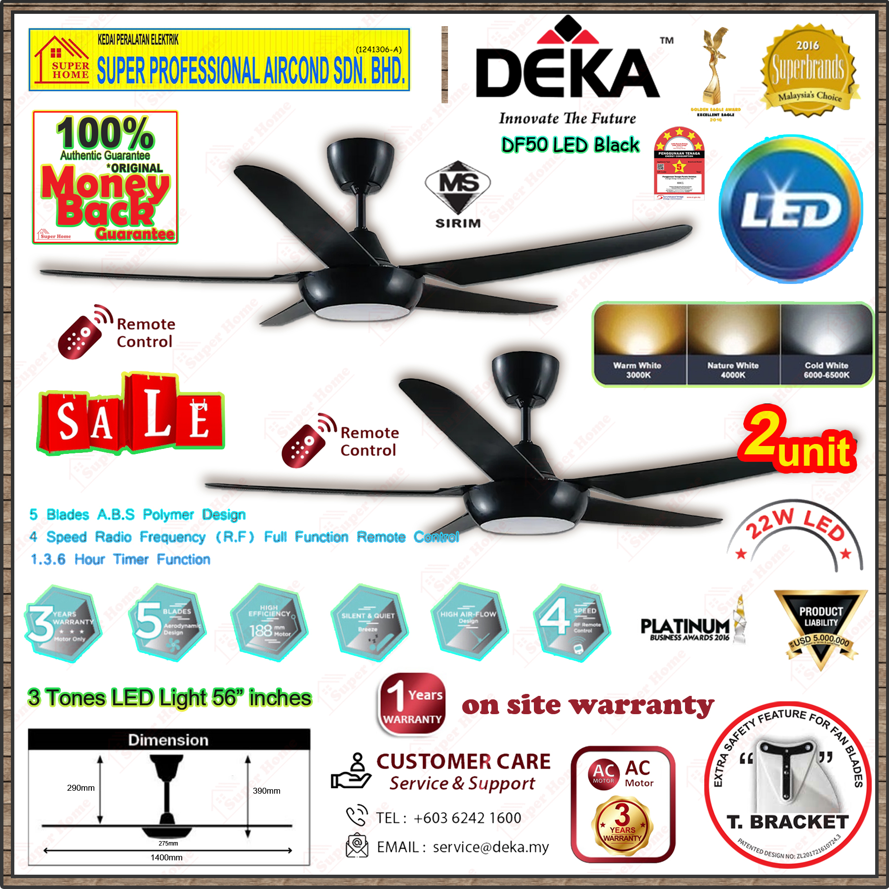 Deka Ceiling Fan DF50 LED 3 Tones Color LED Light 56 inch 5 Blades A.B.S Polymer Design Remote Contr