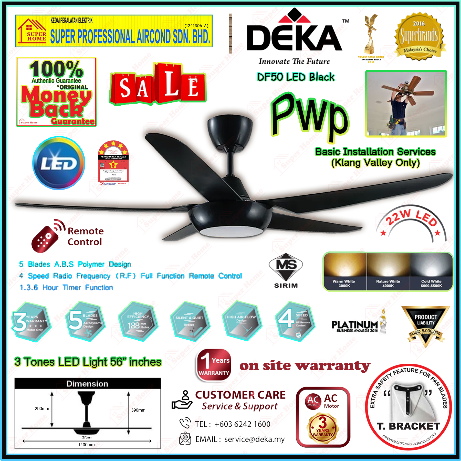 Deka LED Light Ceiling Fan DF50 LED 3 Tones Color LED Light 56 inch 5 Blades Remote Control Ceiling