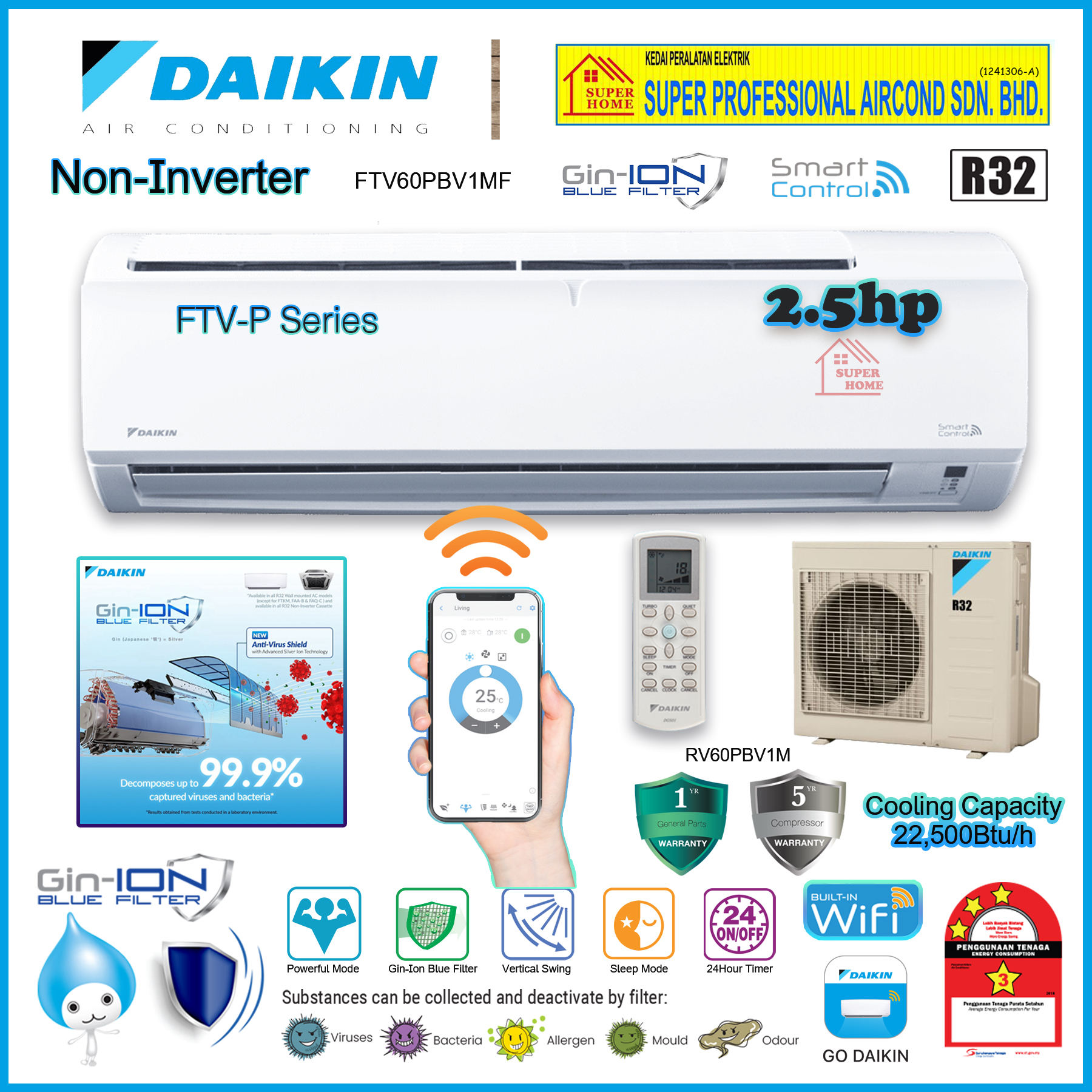 Daikin R32 Non Inverter Aircond FTV60PBV1MF & RV60PBV1M ((2.5hp)) R32 Standard Non-Inverter Air Cond