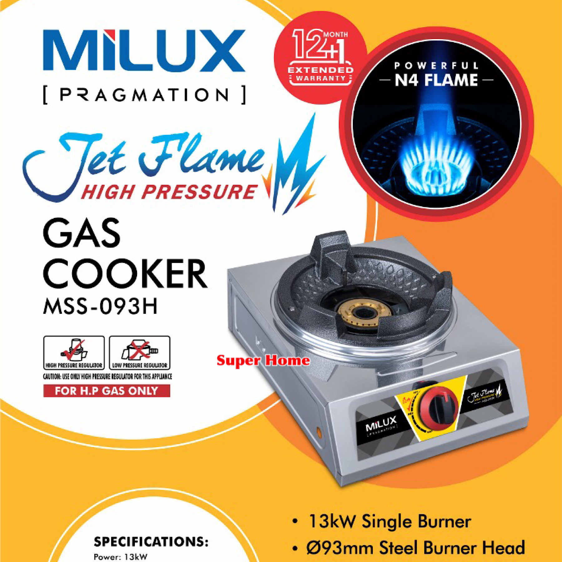 Milux Gas Cooker MSS-093H 13kW Jet Flame High Pressure Stainless Steel Table Top Gas Stove N4 Flame 