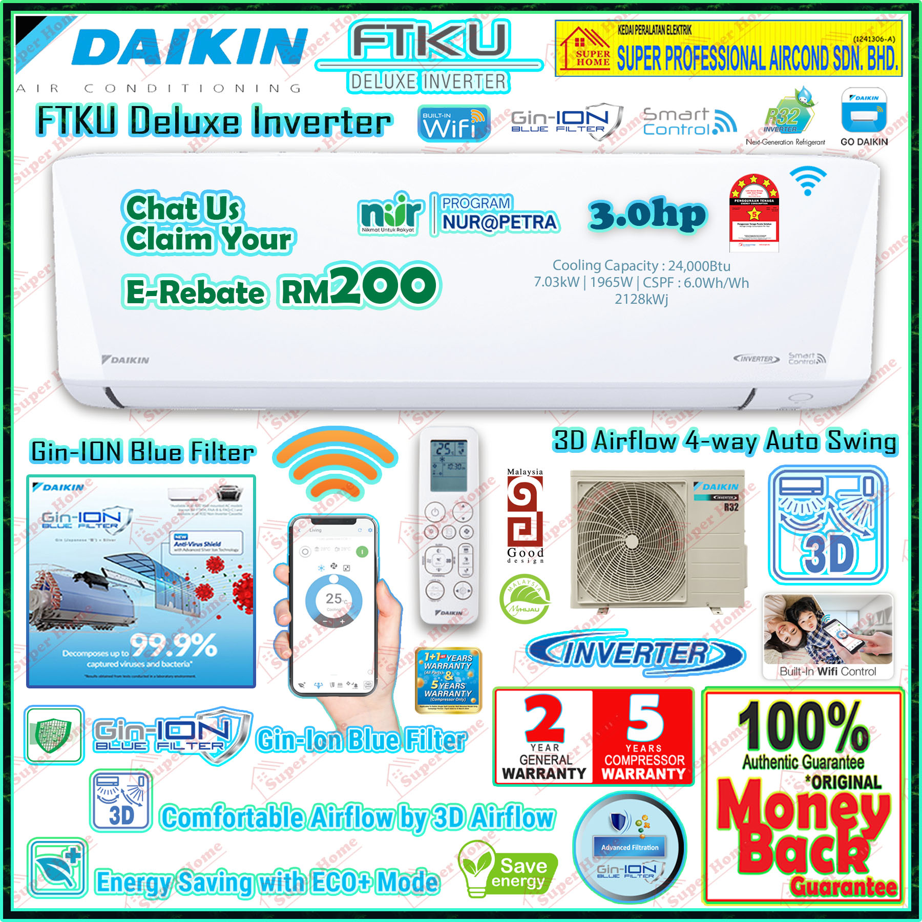 Program NUR (E-Rebate RM200) Daikin Deluxe Inverter Air conditioner 1.0hp - 3.0hp FTKU Series (R32) 