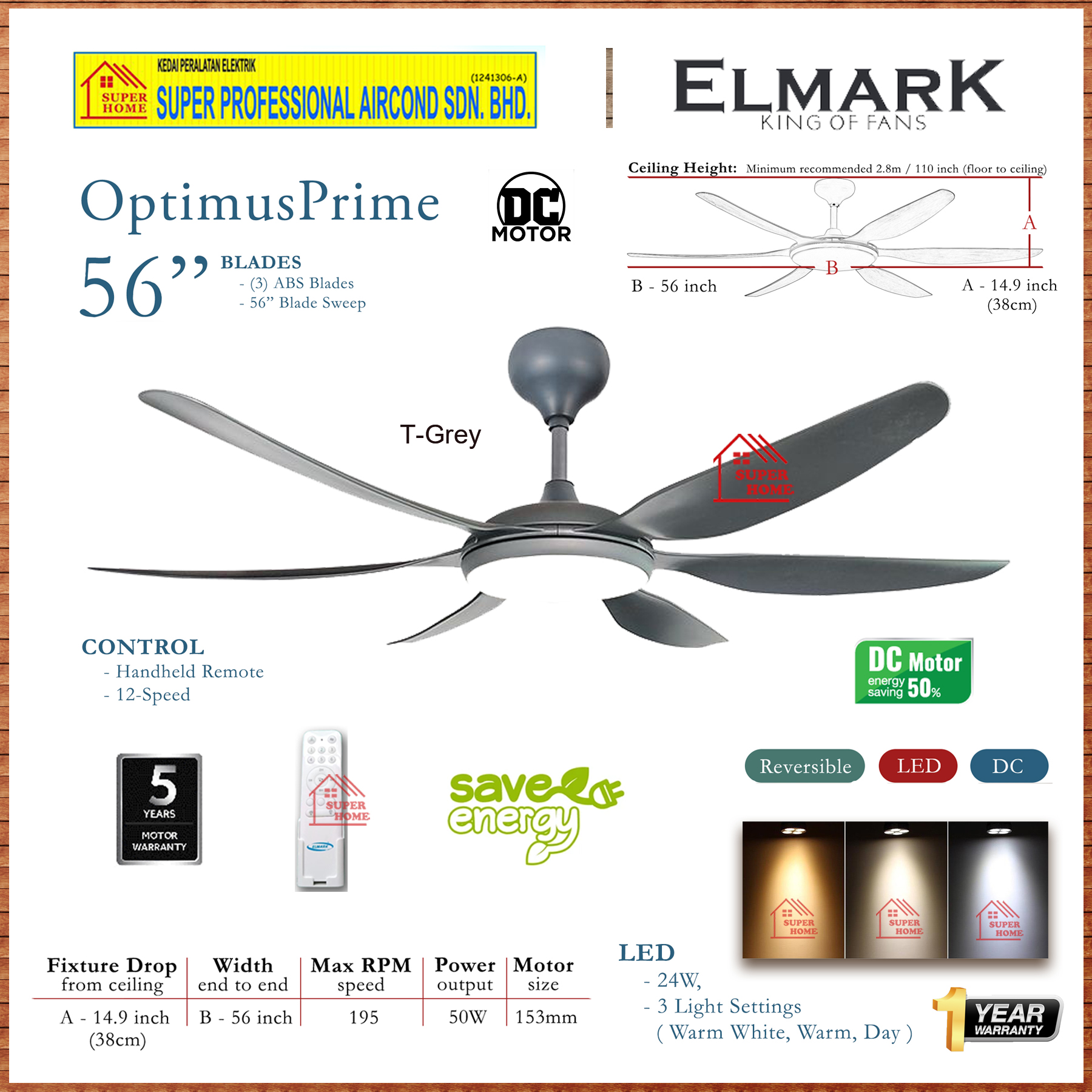 Elmark Ceiling Fan Optimus Prime 56 inch Remote Control ((DC Motor)) 6 Blade Ceiling Fan With 24W LE