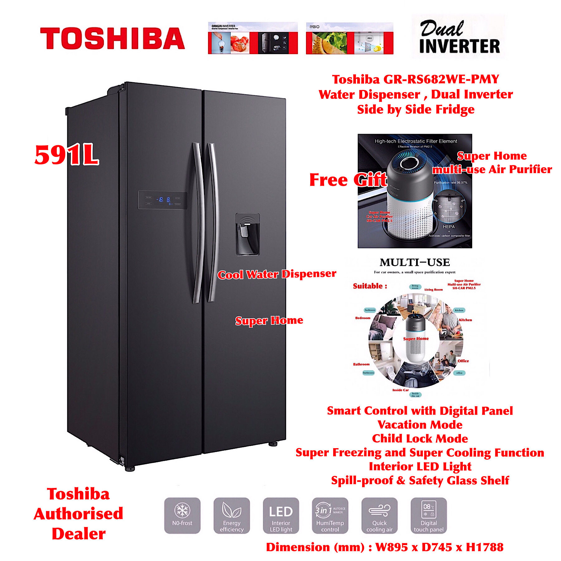 [Delivery By Seller Only Klang Valley] Toshiba GR-RS682WE-PMY (06) Side by Side Fridge Water Dispens