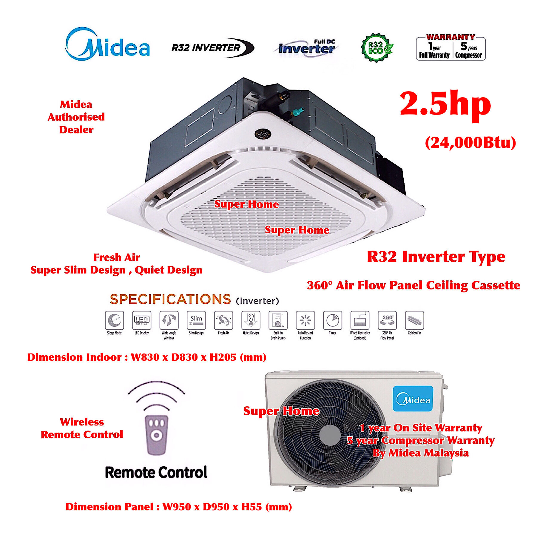 Midea 2.5hp Inverter Ceiling Cassette Aircond MCX-24CRFNX & MOUX-24CFN8 (Panel MCX-PANEL-04A1) Midea