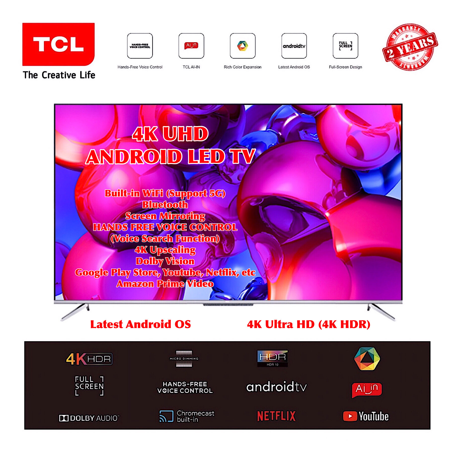 TCL 4K UHD AI TV Android Smart AI TV 50P715 50 inches / 55P715 55 inches / 65P715 65 inches - Hands-
