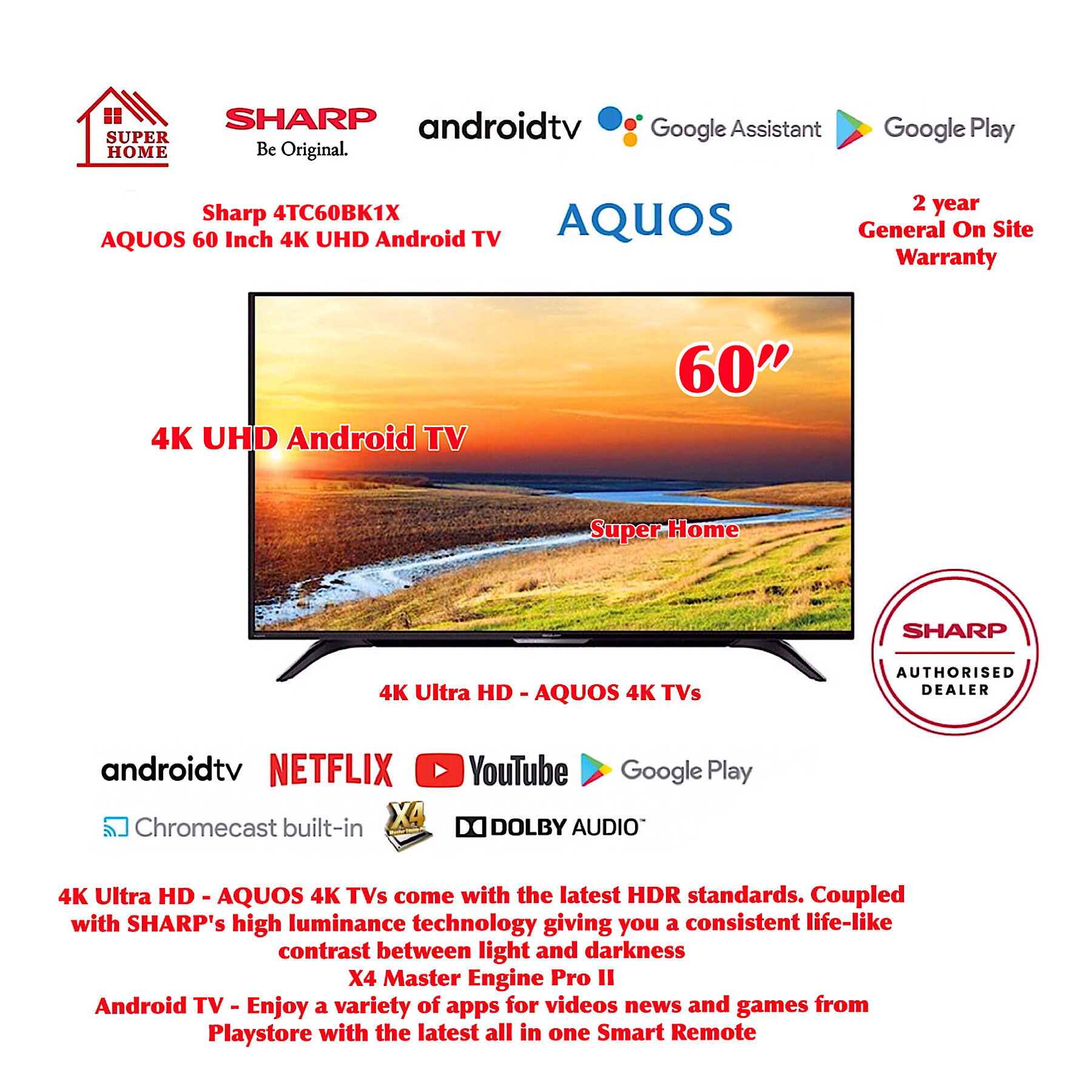 Sharp Android TV 60 inches 4K UHD Android TV Sharp 4TC60DK1X Android TV Smart LED