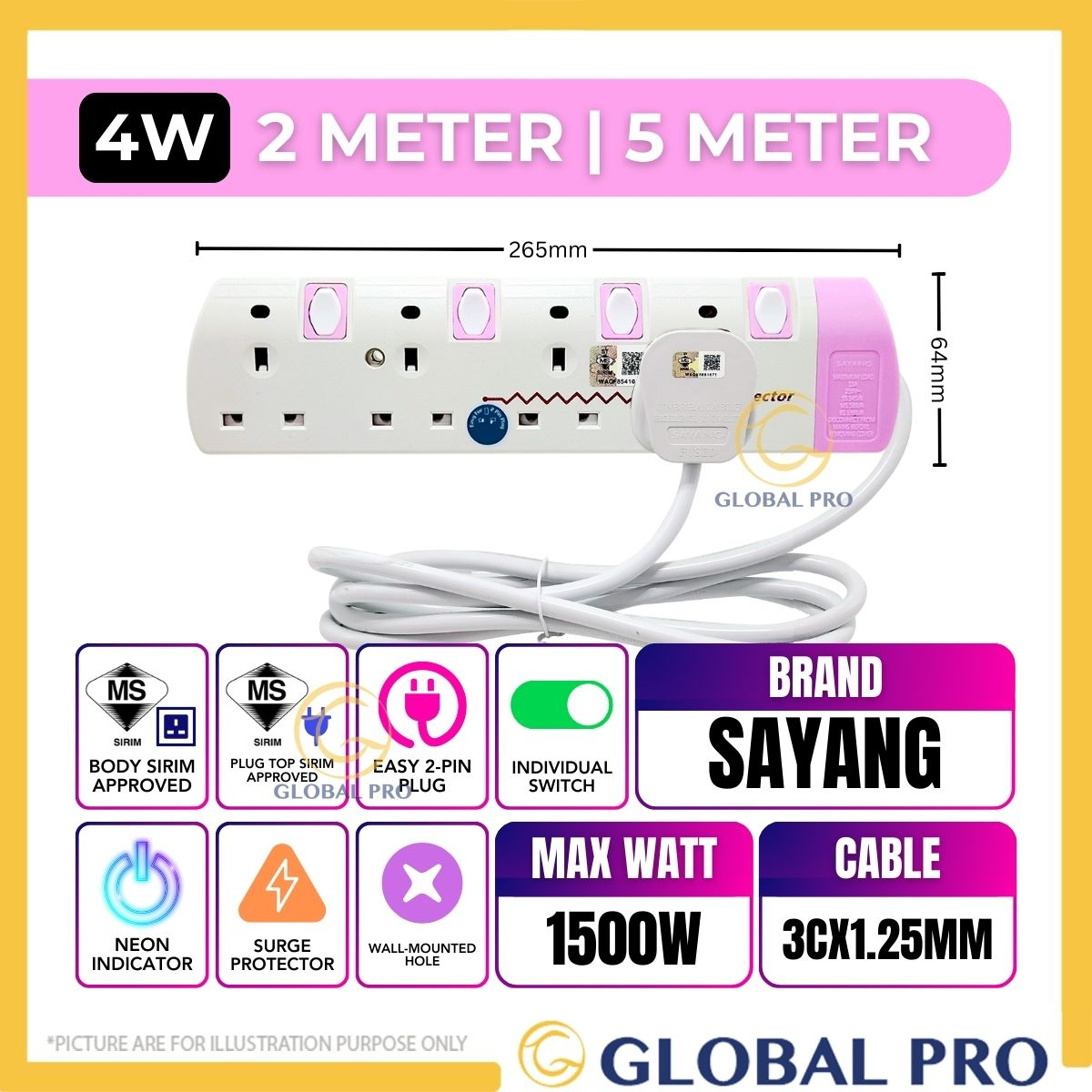 SIRIM 2/5MTR SAYANG PINK Trailing Socket Plug Penyambung Wayar Surge Protection Extension Power Exta