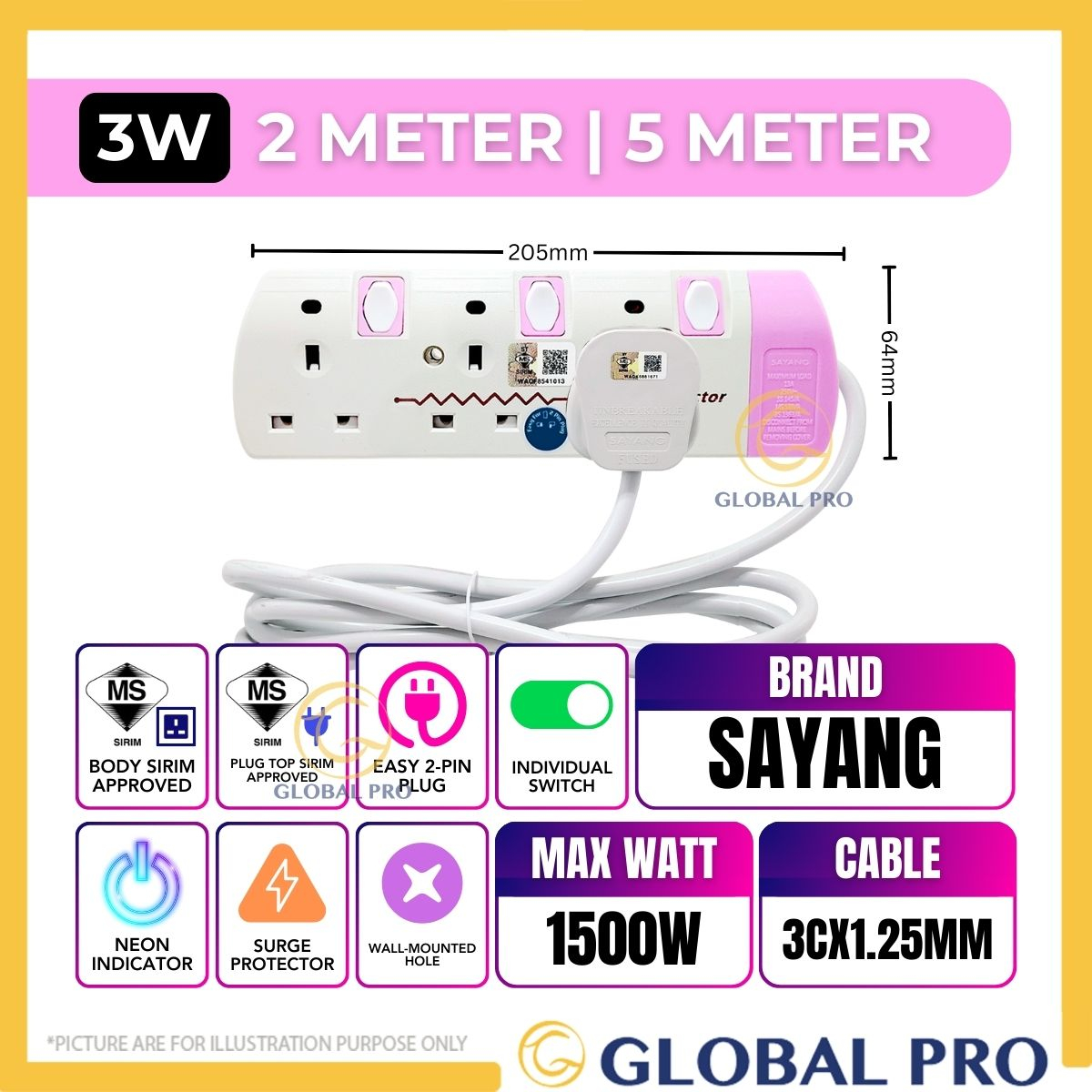 SIRIM 2/5MTR SAYANG PINK Trailing Socket Plug Penyambung Wayar Surge Protection Extension Power Exta