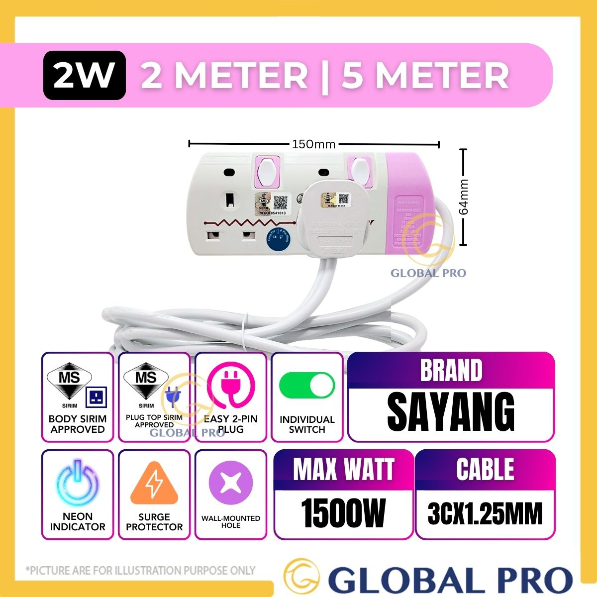 SIRIM 2/5MTR SAYANG PINK Trailing Socket Plug Penyambung Wayar Surge Protection Extension Power Exta
