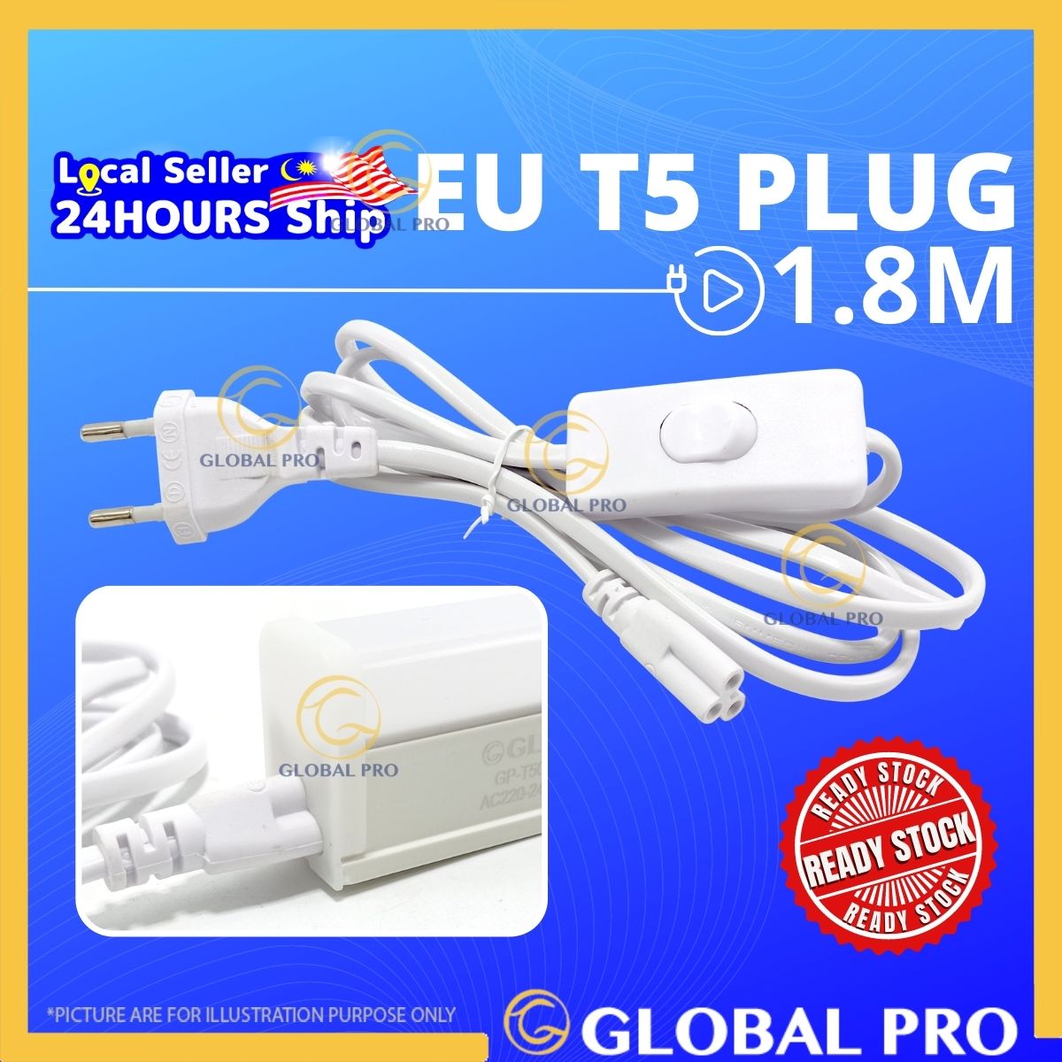 1.8M 3 Pins EU Switch Cable Wire LED T8 / T5 Connector 3 Pin Lamp Wiring Light Connector T5 LED Tube
