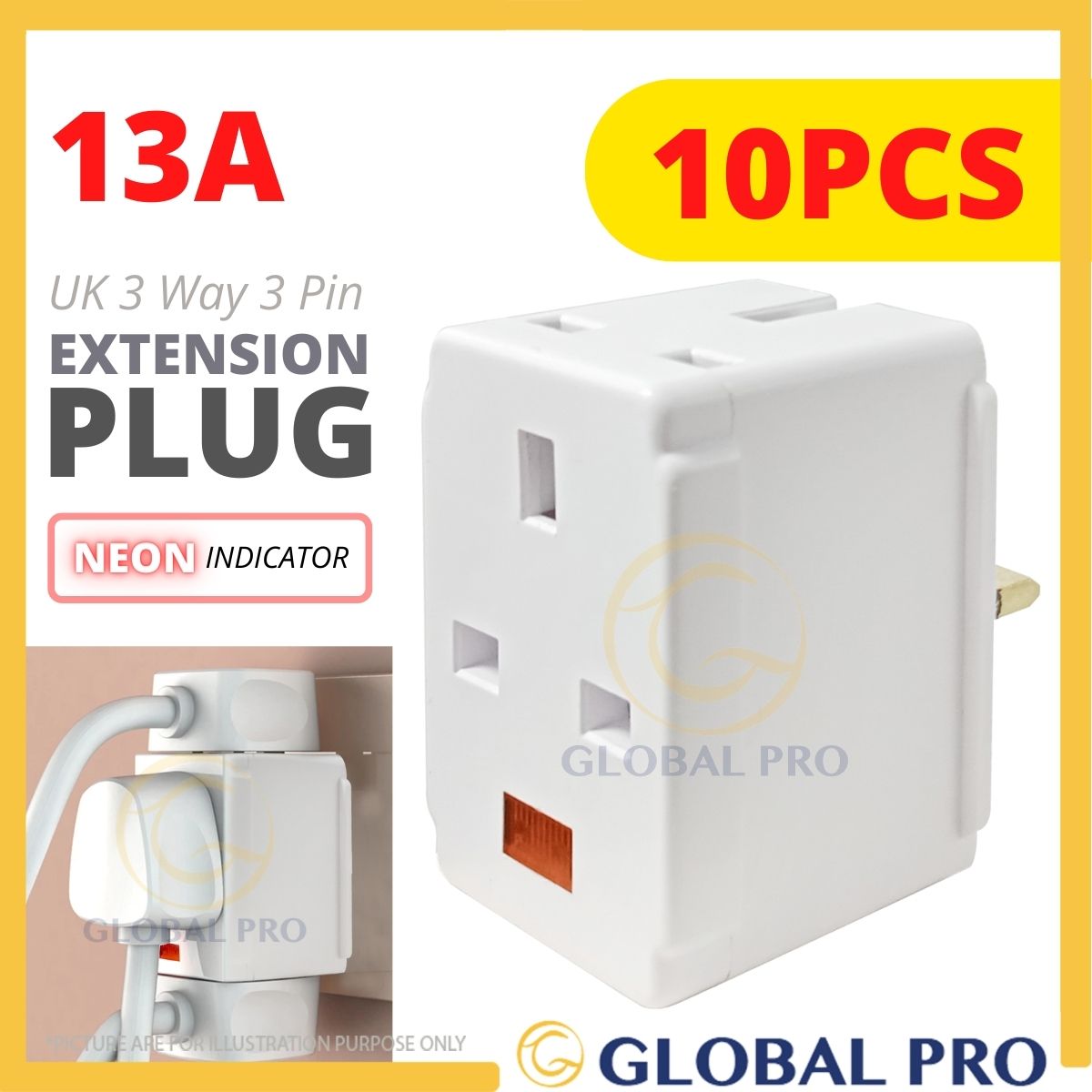 10PCS ME 3 WAY Adaptor 13A 3 PIN ADAPTER 7387 EXTENSION PLUG Multi Sockets Adaptor With Neon Indicat