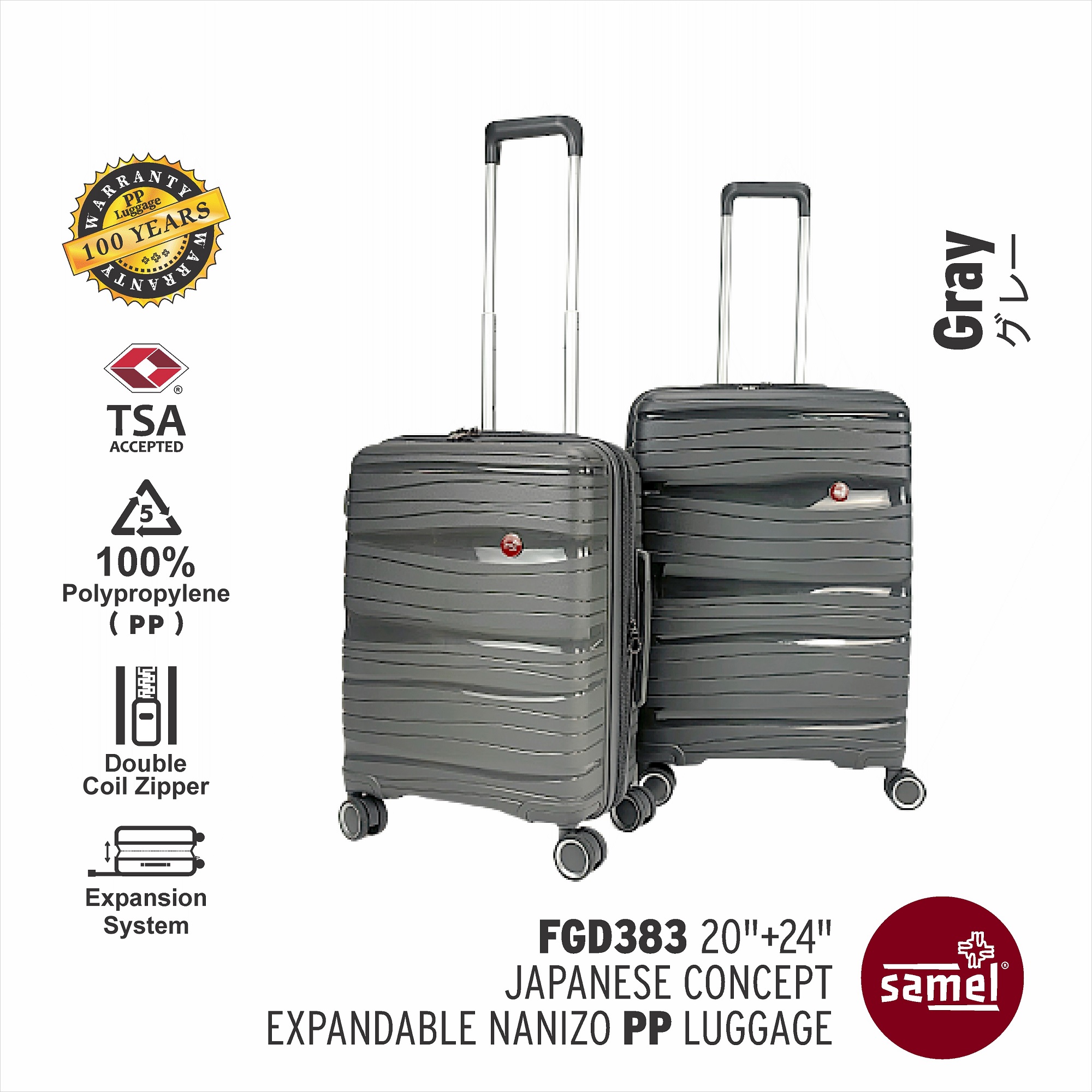 SAMEL 2 IN 1 SET FGD 383 JAPANESES CONCEPT EXPANDABLE ANTI THEFT ZIPPER PP LUGGAGE 20"+24"