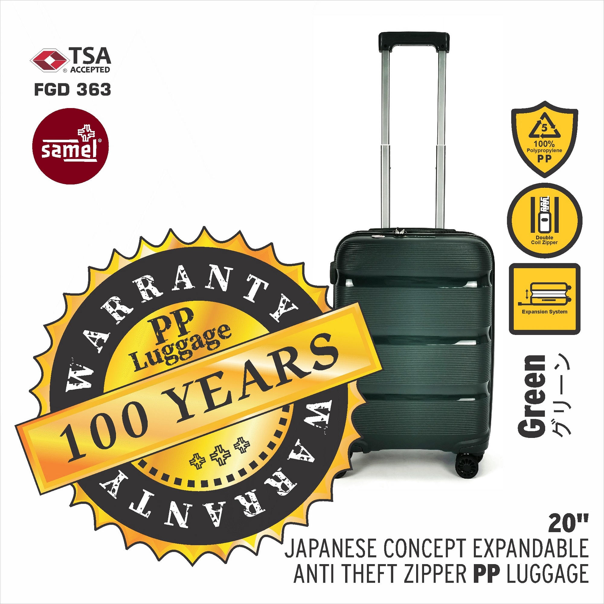 SAMEL 20" FGD 363 JAPANESES CONCEPT EXPANDABLE ANTI THEFT ZIPPER PP LUGGAGE