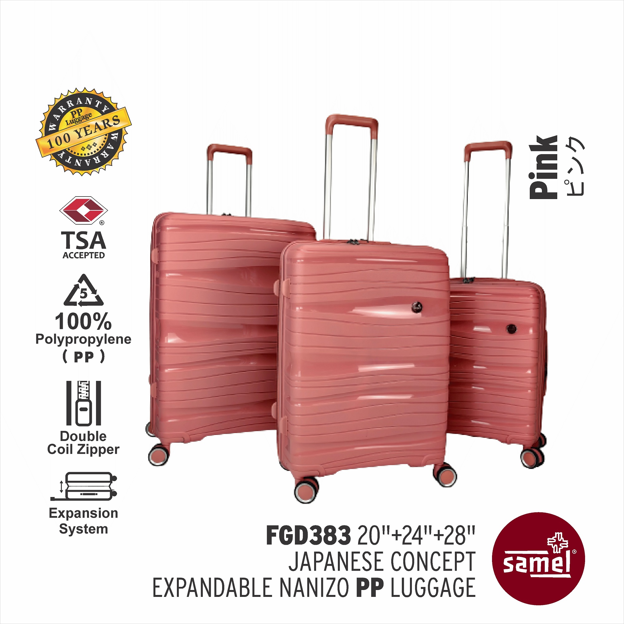 SAMEL 3 IN 1 SET FGD 383 JAPANESES CONCEPT EXPANDABLE ANTI THEFT ZIPPER PP LUGGAGE 20" 24" 28"