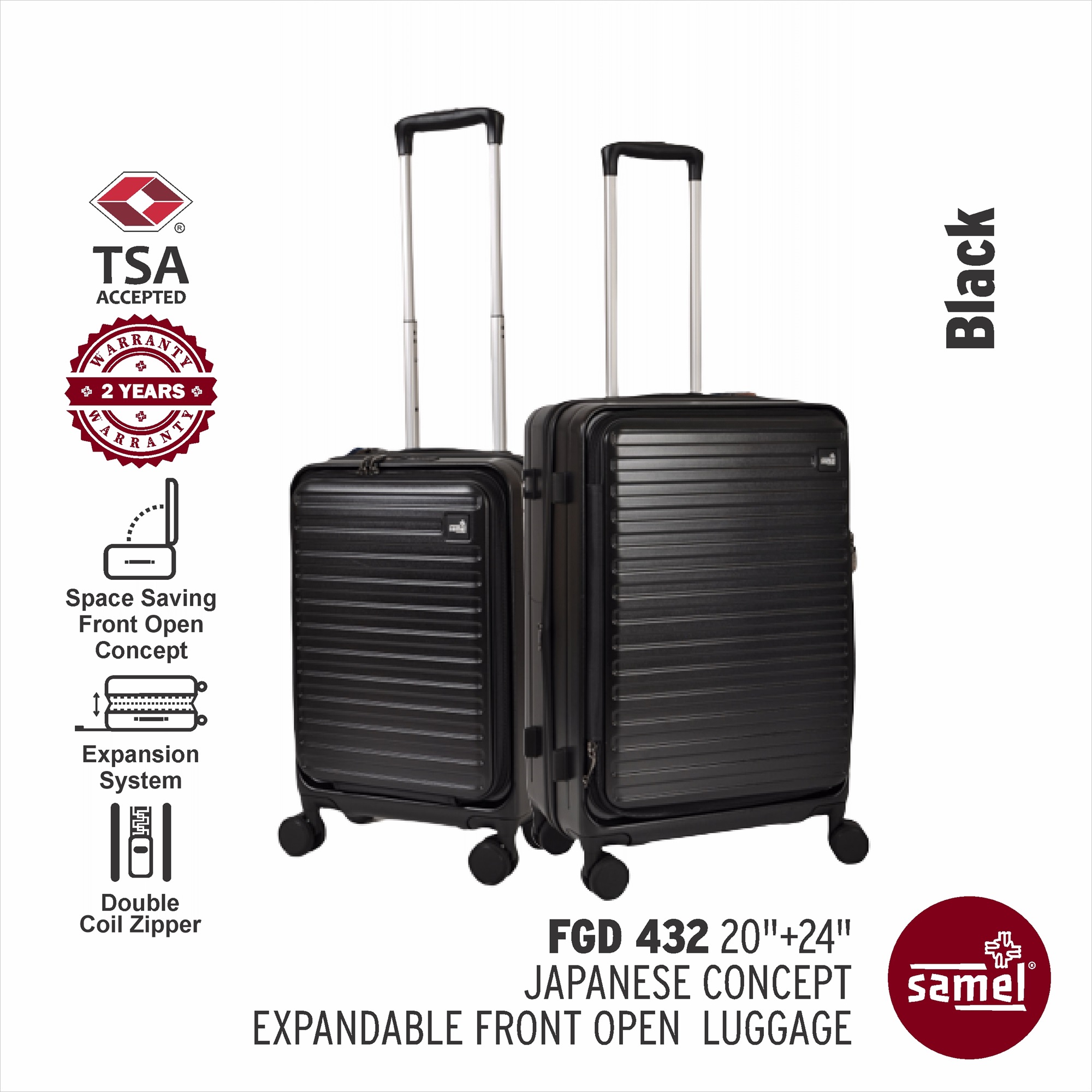 SAMEL 2-IN-1 SET FGD 432 JAPANESE CONCEPT EXPANDABLE ANTI-THEFT ZIPPER FRONT OPEN LUGGAGE (20" + 24"