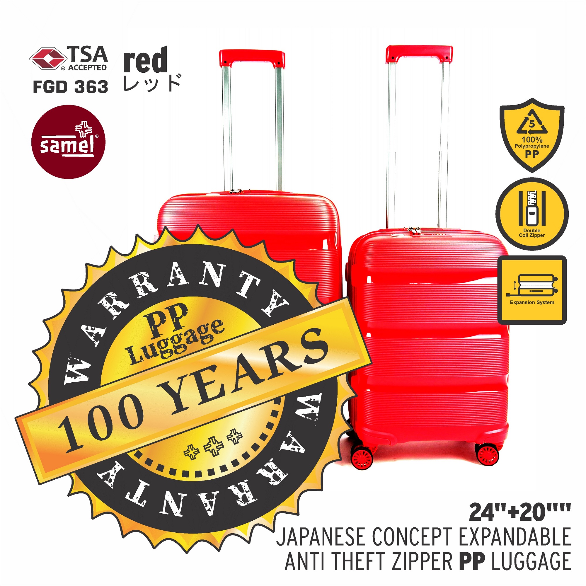 SAMEL 2 IN 1 SET FGD 363 JAPANESES CONCEPT EXPANDABLE ANTI THEFT ZIPPER PP LUGGAGE 20"+24"