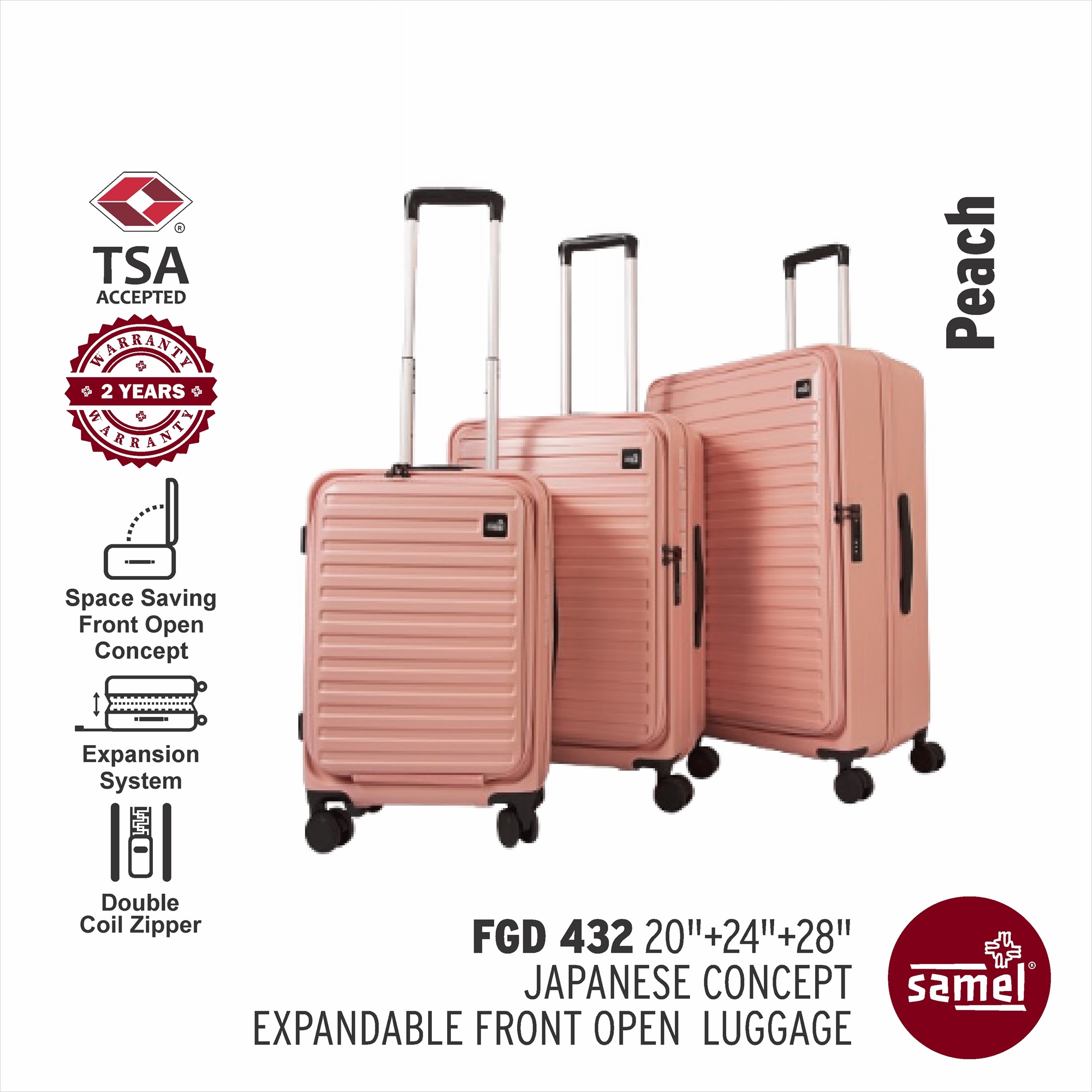 SAMEL 3-IN-1 SET FGD 432 JAPANESE CONCEPT EXPANDABLE ANTI-THEFT ZIPPER FRONT OPEN LUGGAGE (20" + 24"