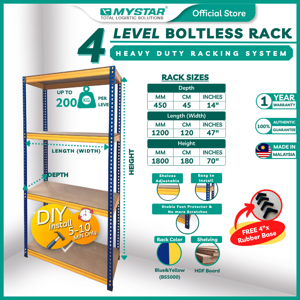 MYSTAR Boltless Rack 45cm Depth x 120cm Length X 180cm Height HDF Board Shelving Unit 200Kg/L Rak Be