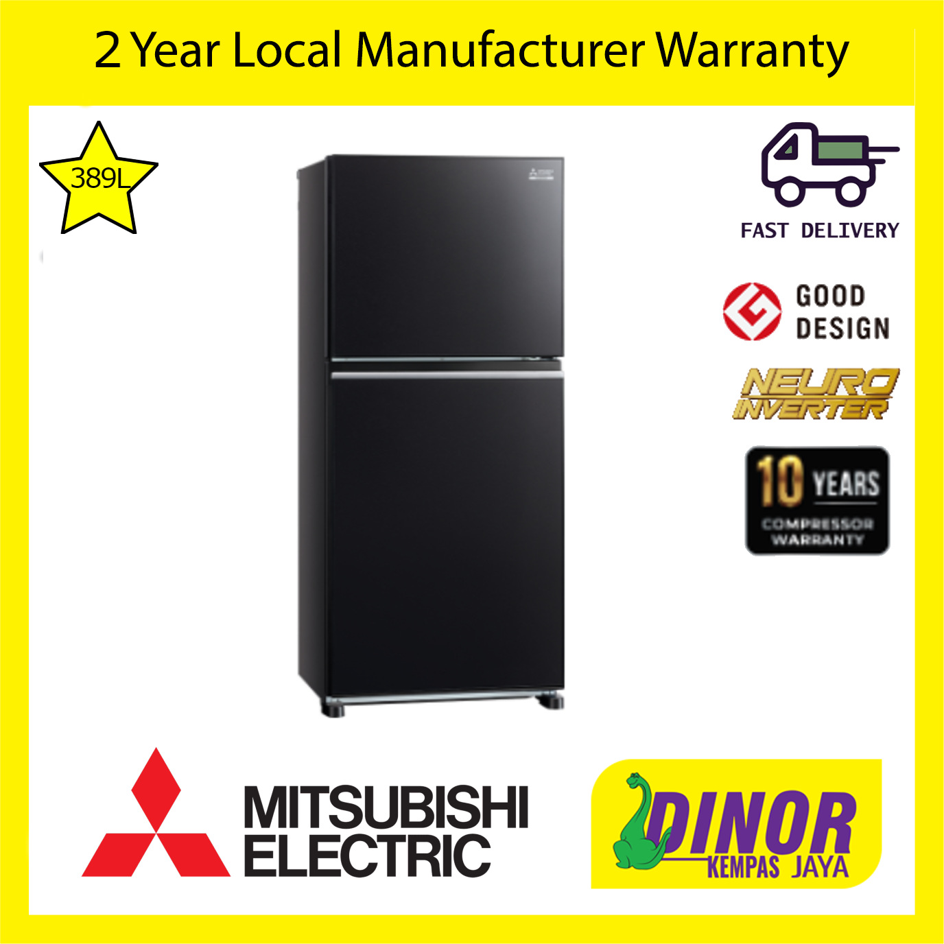 Mitsubishi Refrigerator MR-FX43EN-GBK 2-Door Inverter Fridge 389L MRFX43ENGBK ( Glass Brilliant Blac