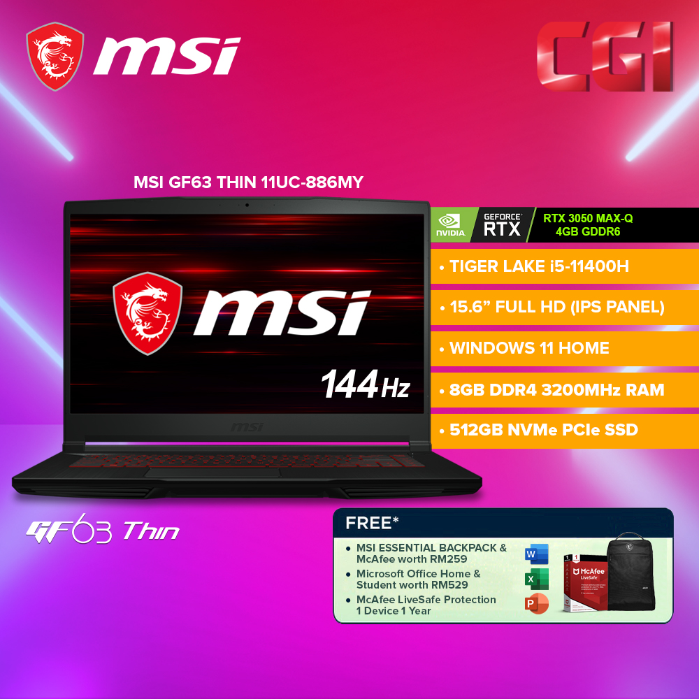 MSI GF63 Thin 11UC-886MY Gaming Laptop i5-11400H|RTX3050 MaxQ|15.6" FHD 144Hz|8GB|512GB|W11H|MOHS - 