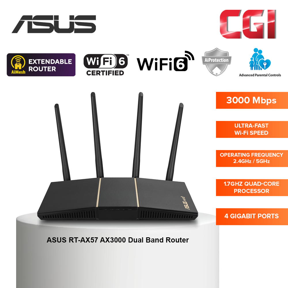 Asus RT-AX57 (AX3000) 1024 QAM 3000MBPS Dual Band WiFi 6 Free Network Security w Parental Control VP