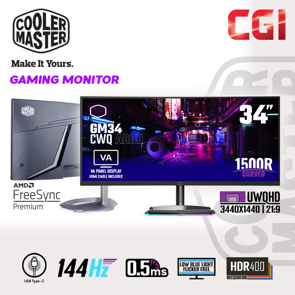Cooler Master 34" GM34-CWQ VA UWQHD 144Hz 0.5ms Freesync Premium USB-C Halo Stand Curved Gaming Moni