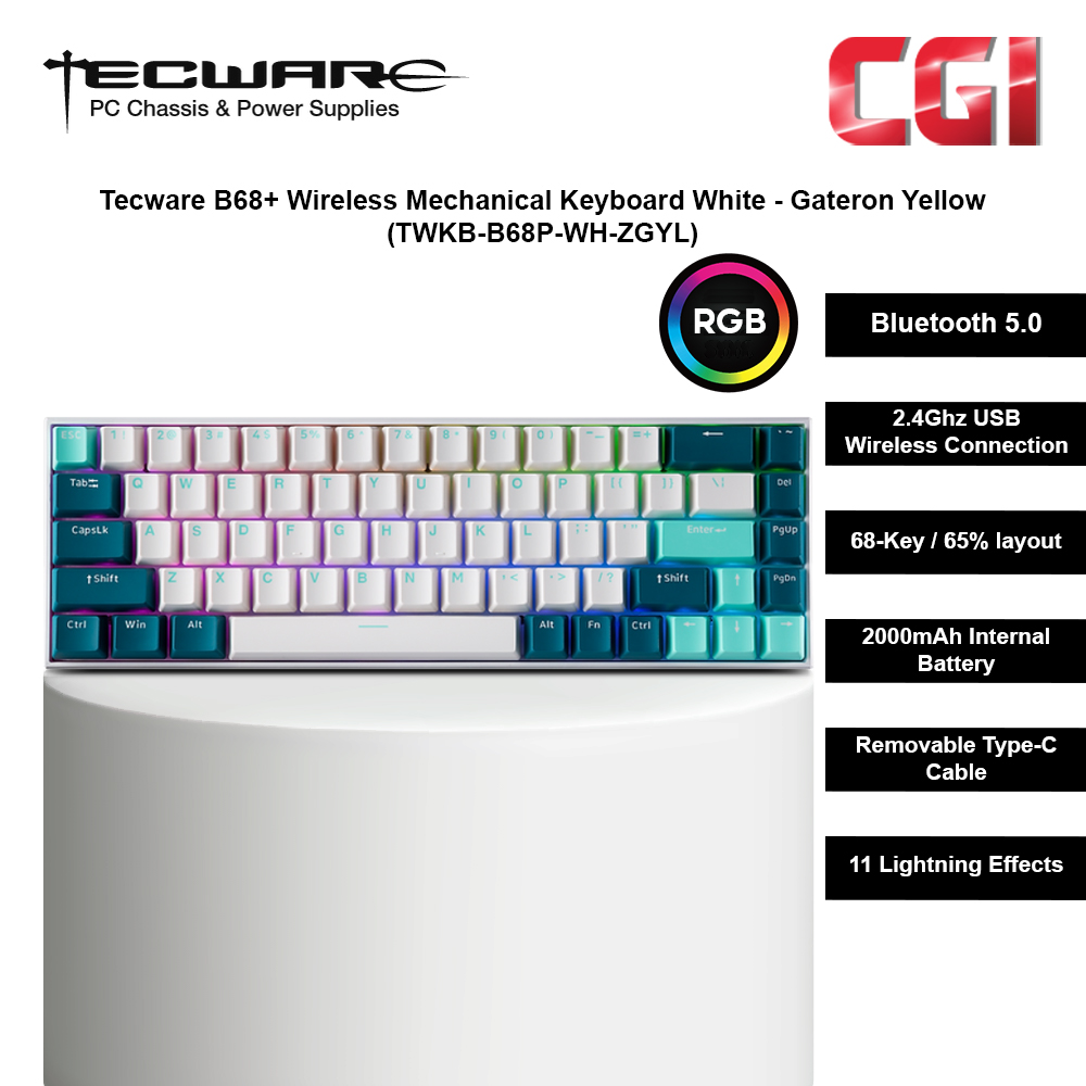 Tecware B68+ Wireless Mechanical Keyboard White - Gateron Yellow (TWKB-B68P-WH-ZGYL)