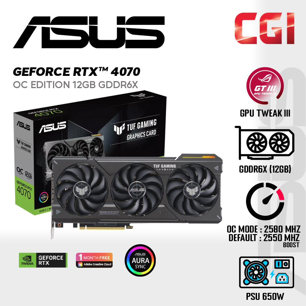 ASUS TUF Gaming NVIDIA® GeForce RTX™ 4070 12GB GDDR6X OC Edition  (PCIe 4.0, 12GB GDDR6X, DLSS 3, HD